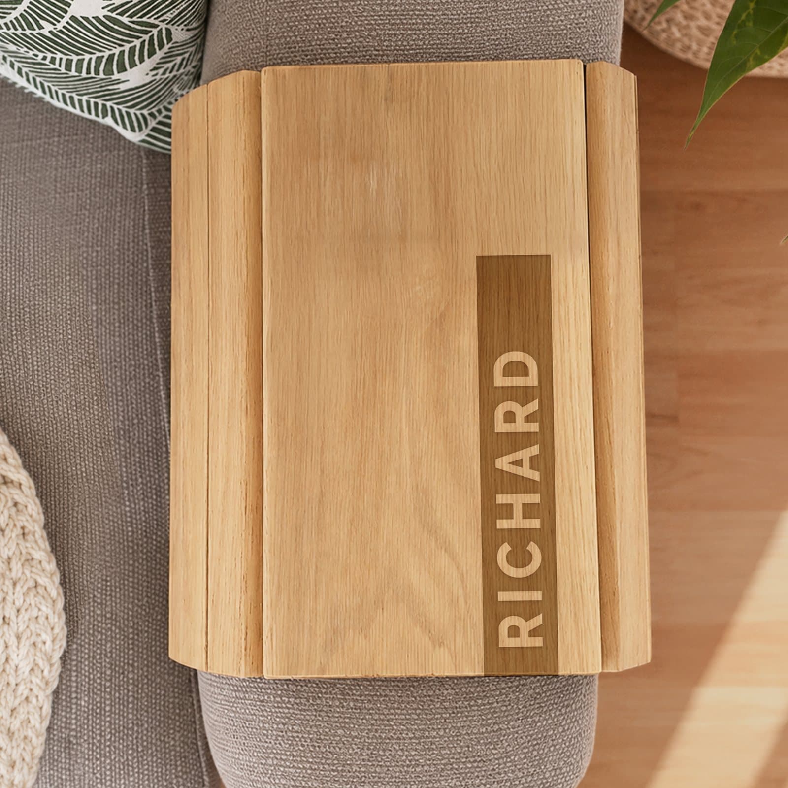 Personalised wooden sofa tray with a name
