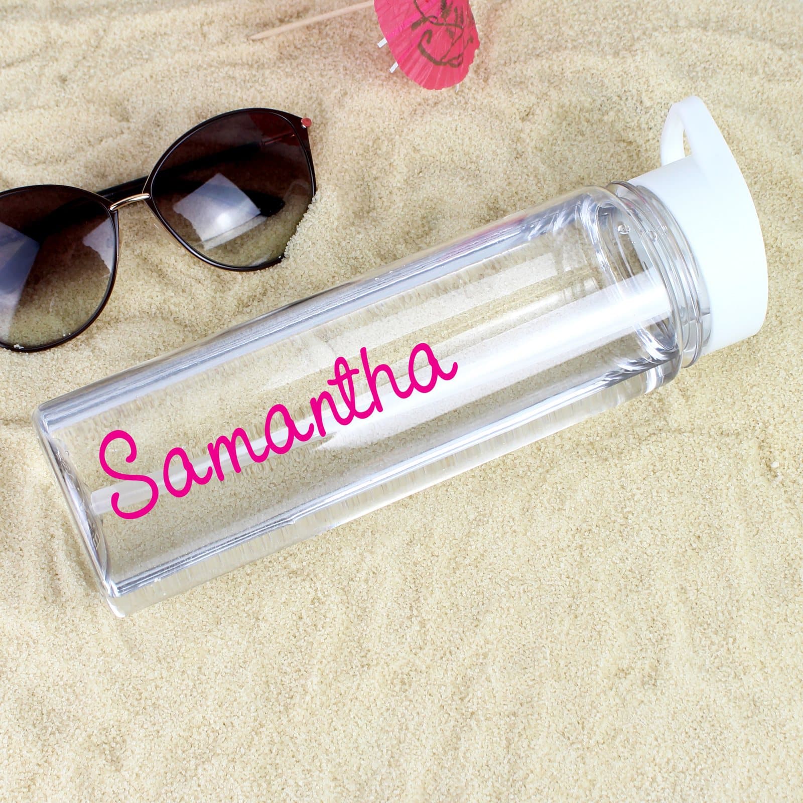 Personalised water bottle with white twist-on lid and flip-top straw