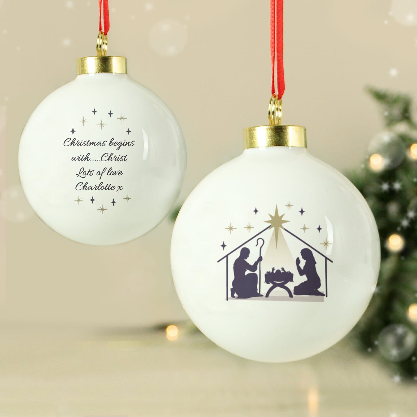 Nativity Christmas bauble with a ribbon for hanging