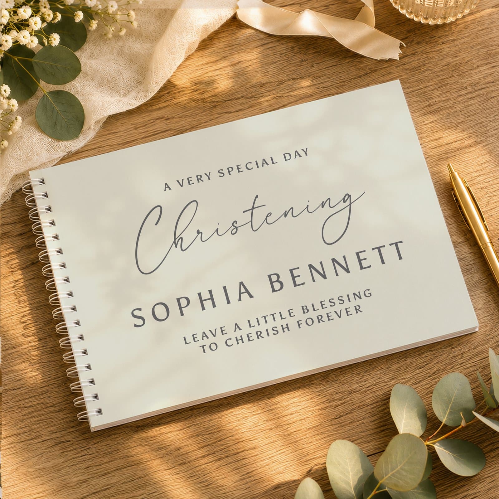 Personalised natural spiral bound guest book with text on the cover