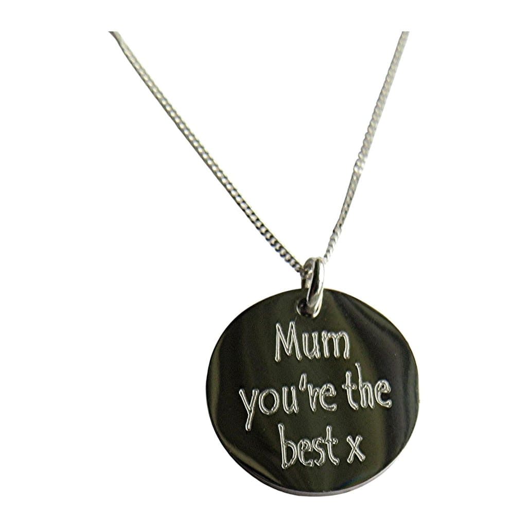 Personalised necklace with a round silver coloured charm on a thin silver chain