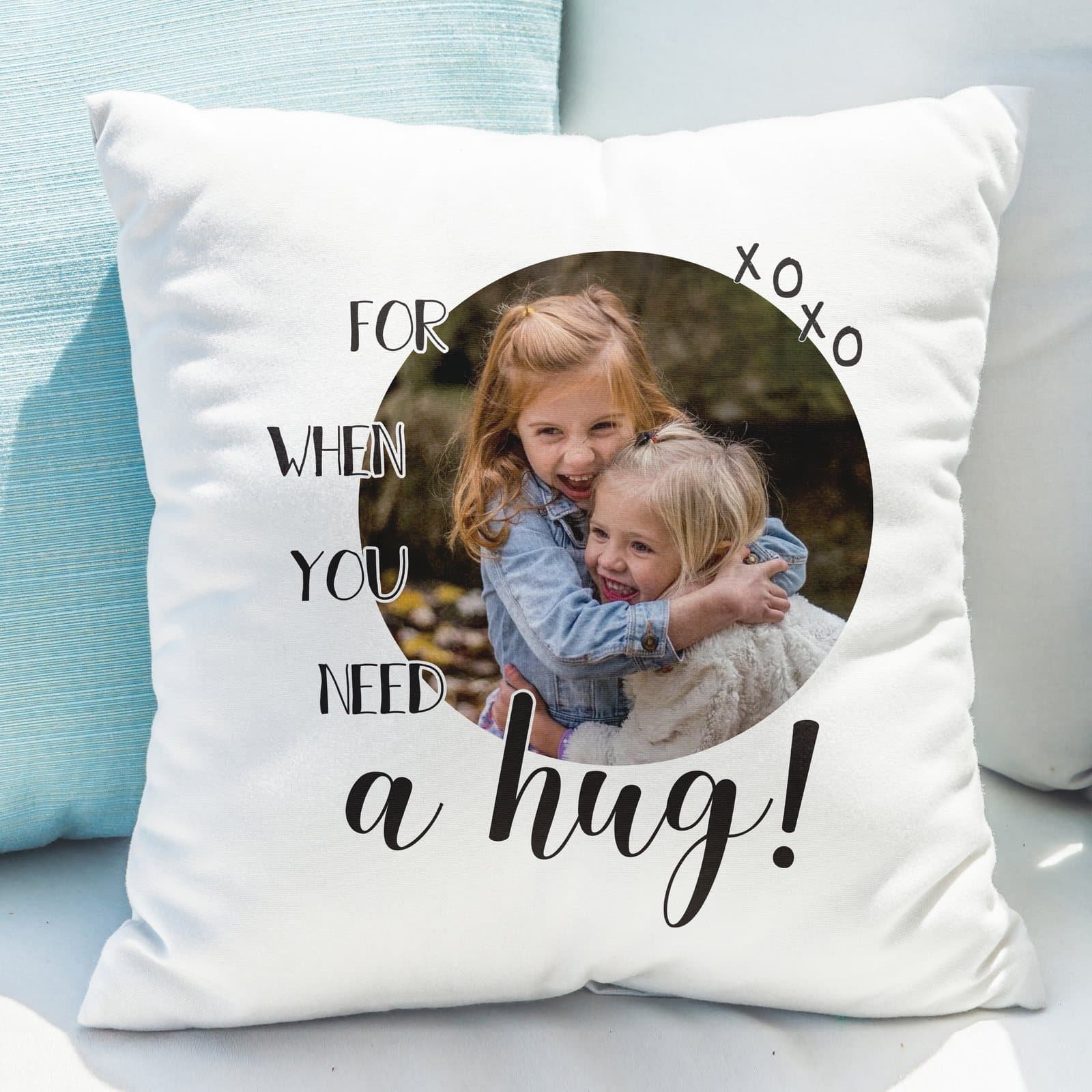 Cushion with a photo surrounded by the words For when you need a hug