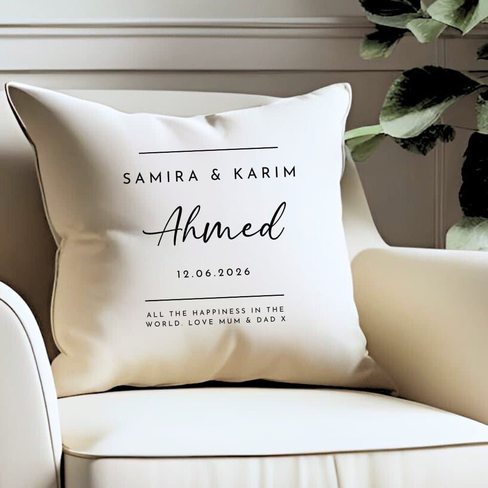 Cream linen-look personalised cushion for a wedding or new home