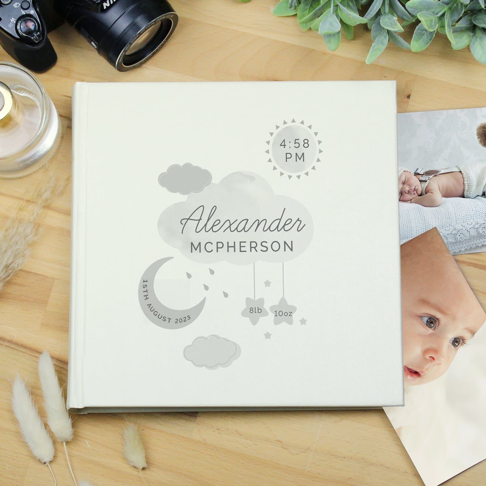 Personalised new baby moon and stars square photo album