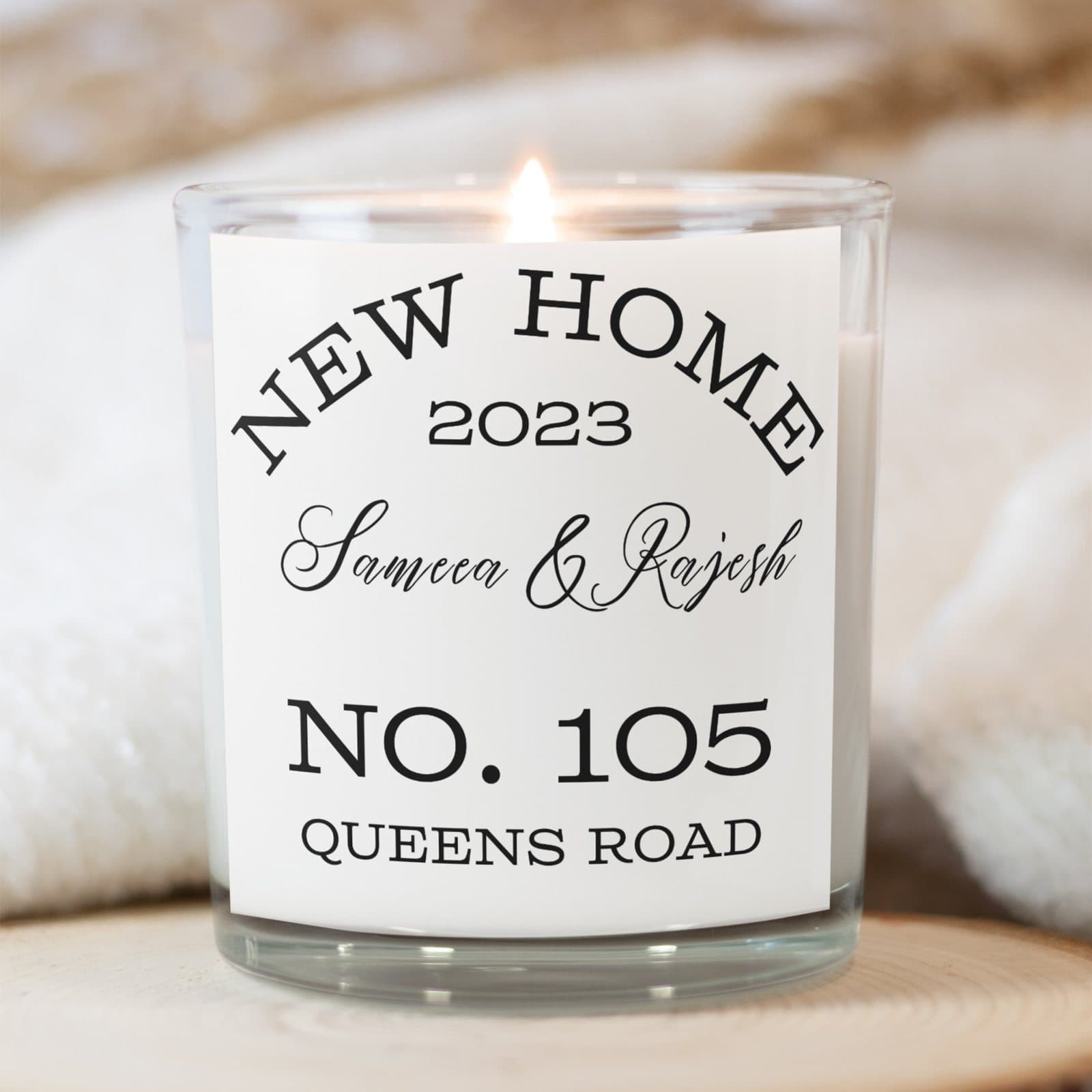 Personalised new home candle with black writing, red foiled chocolate hearts and matches