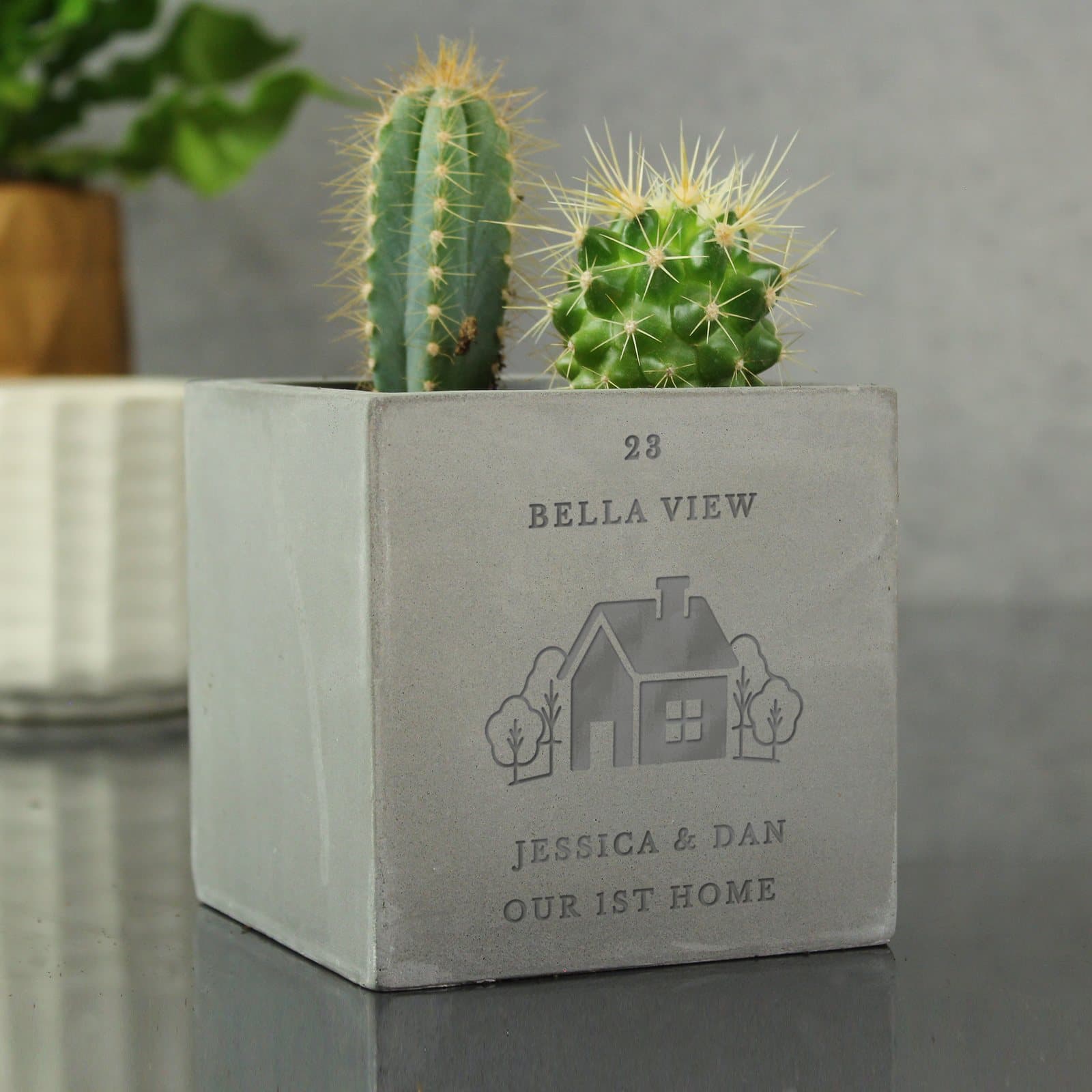 Concrete plant pot personalised with four lines of text