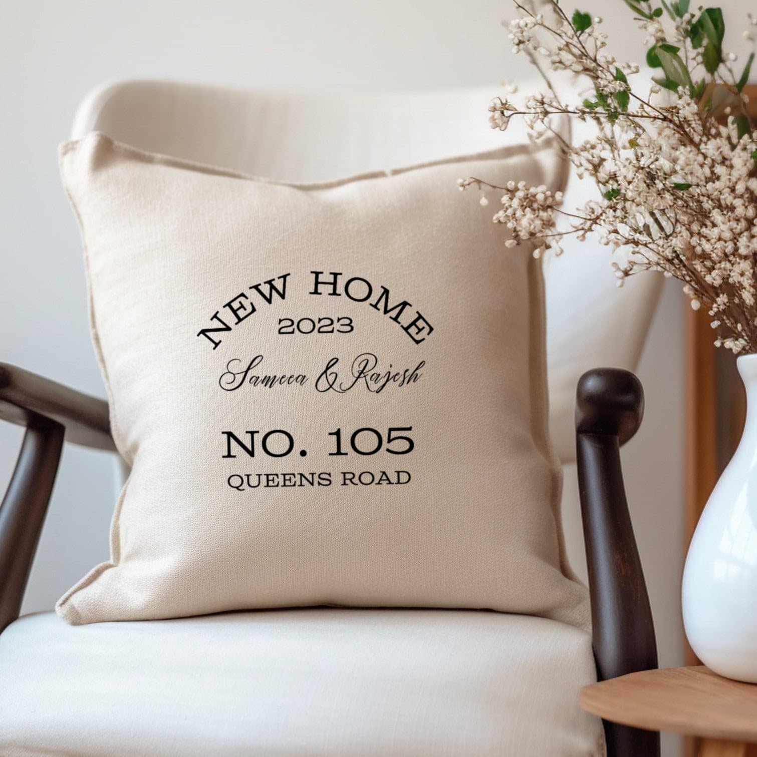Cream square cushion with black personalised wording