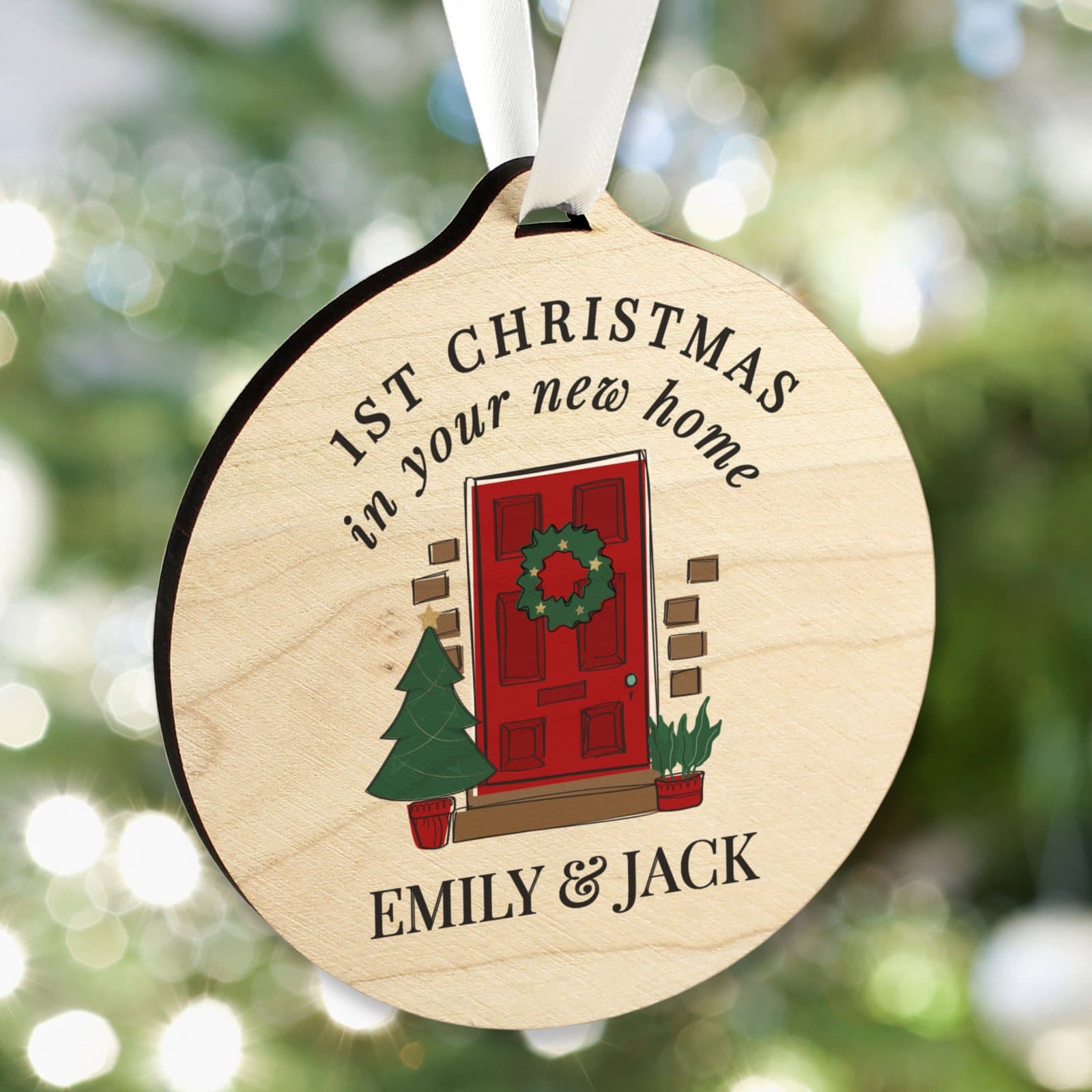 Round wooden new home Christmas tree decoration with ribbon