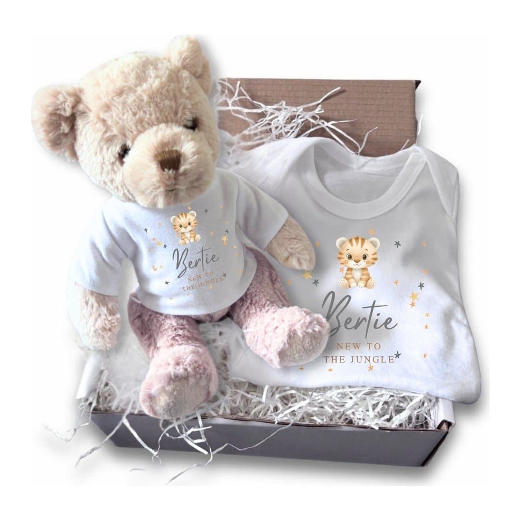New to the Jungle tiger baby gift box: teddy and baby vest with the tiger design