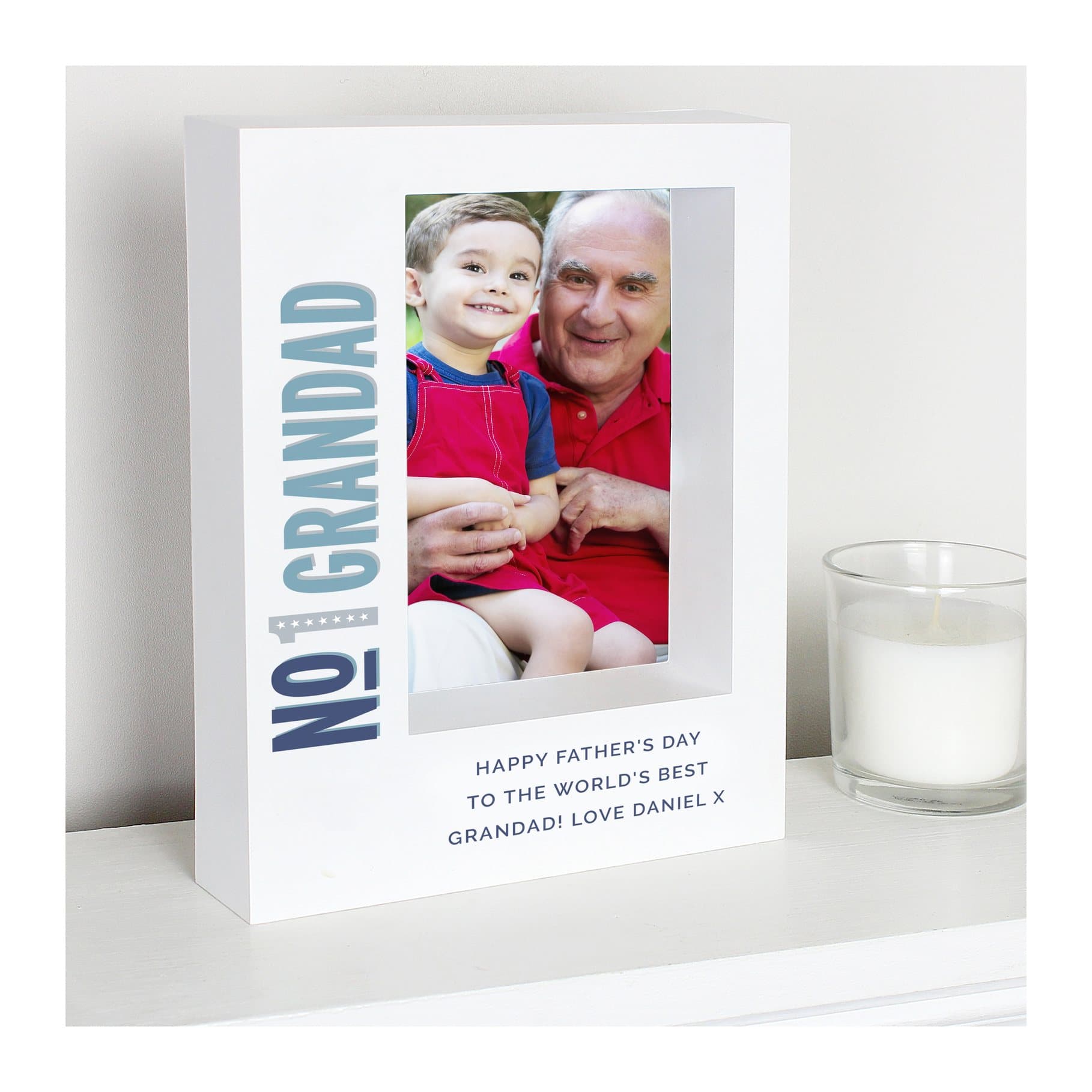 No.1 box photo frame for a 5x7 photo with a role and three lines of text