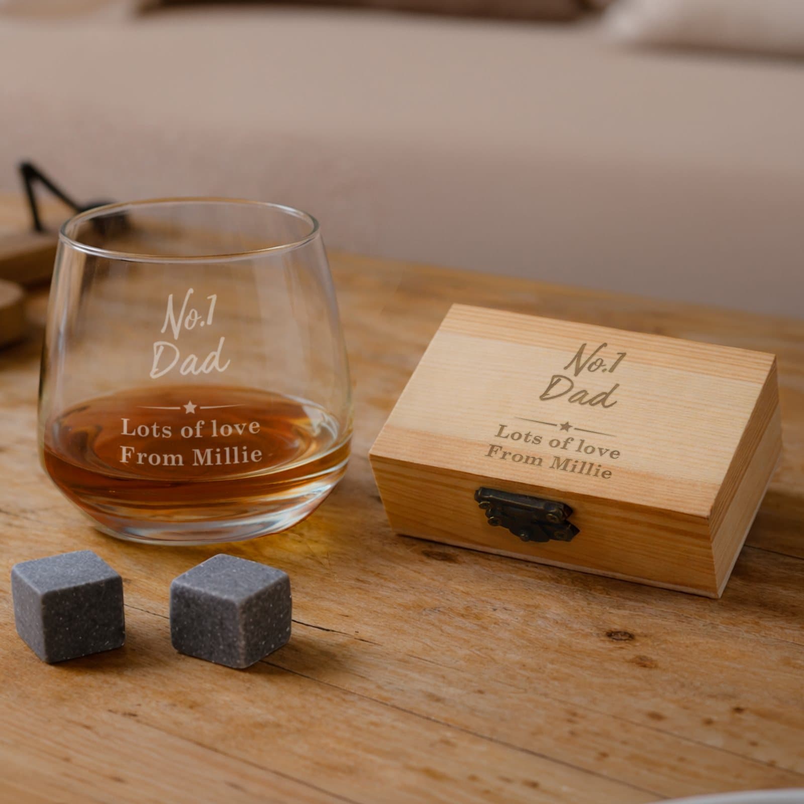 Personalised No.1 cooling stones and glass in a wooden box