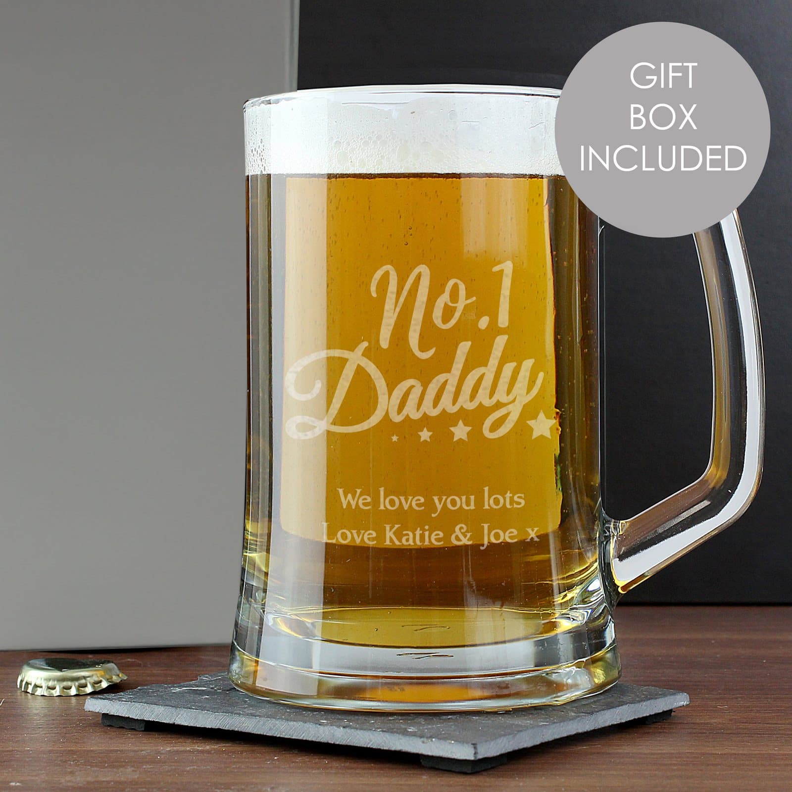 Glass pint stern tankard with No.1 Daddy text and personalised lines