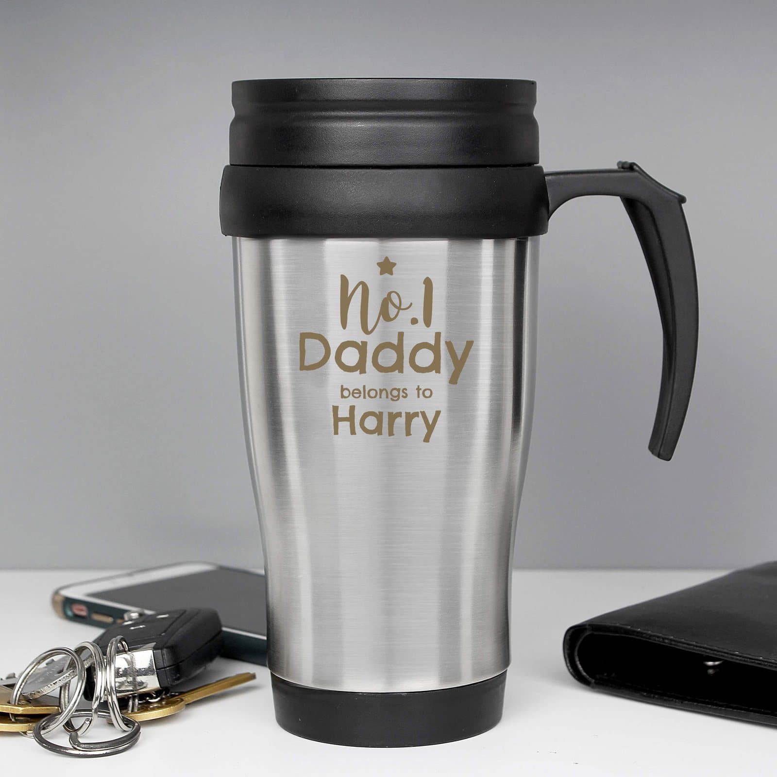 Stainless steel No.1 Daddy travel mug with sliding sip cover and handle