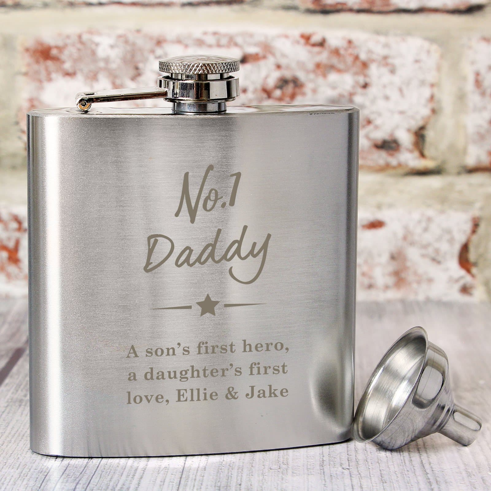 Stainless steel No.1 hip flask personalised with a role and message