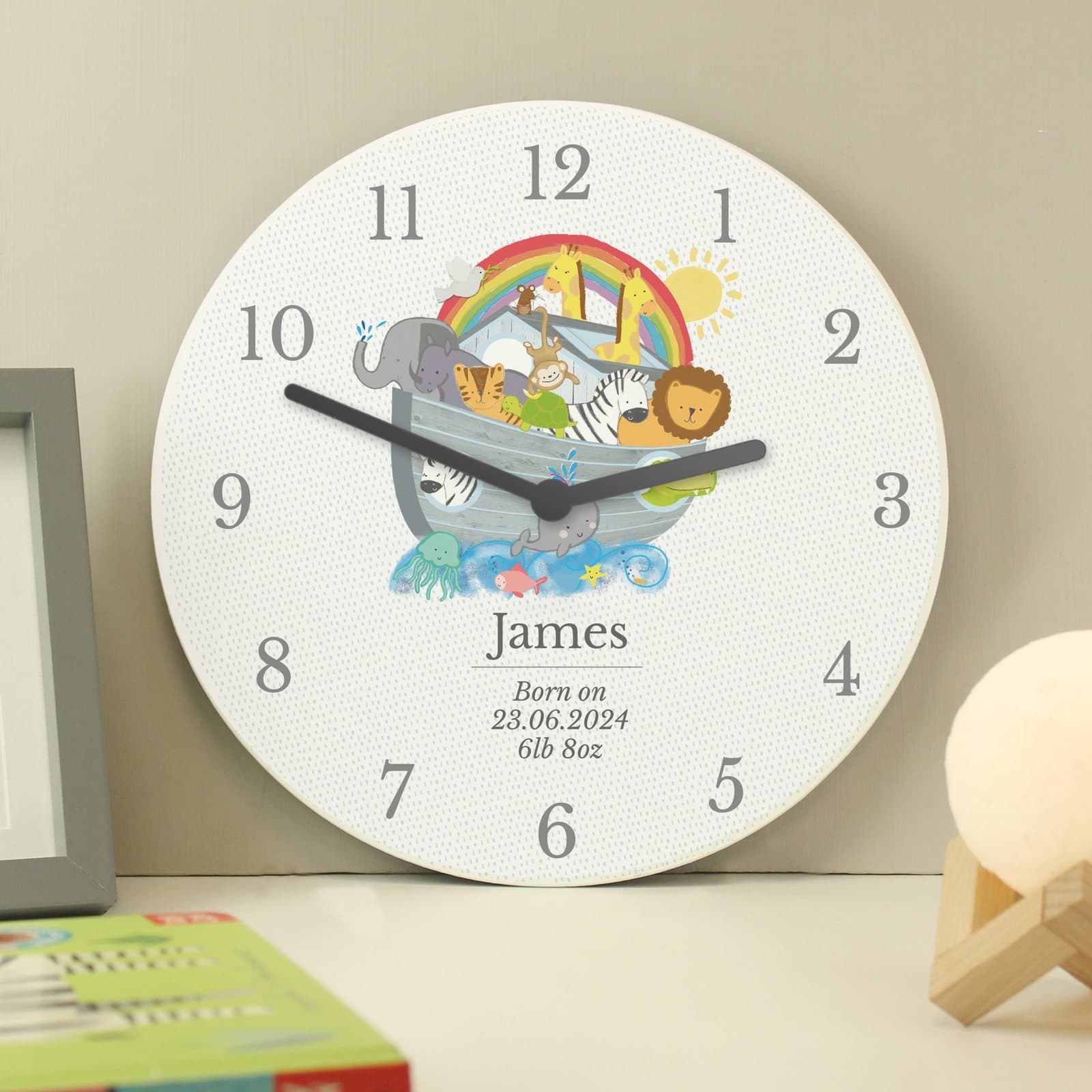 Personalised Noah's Ark clock on white wood board