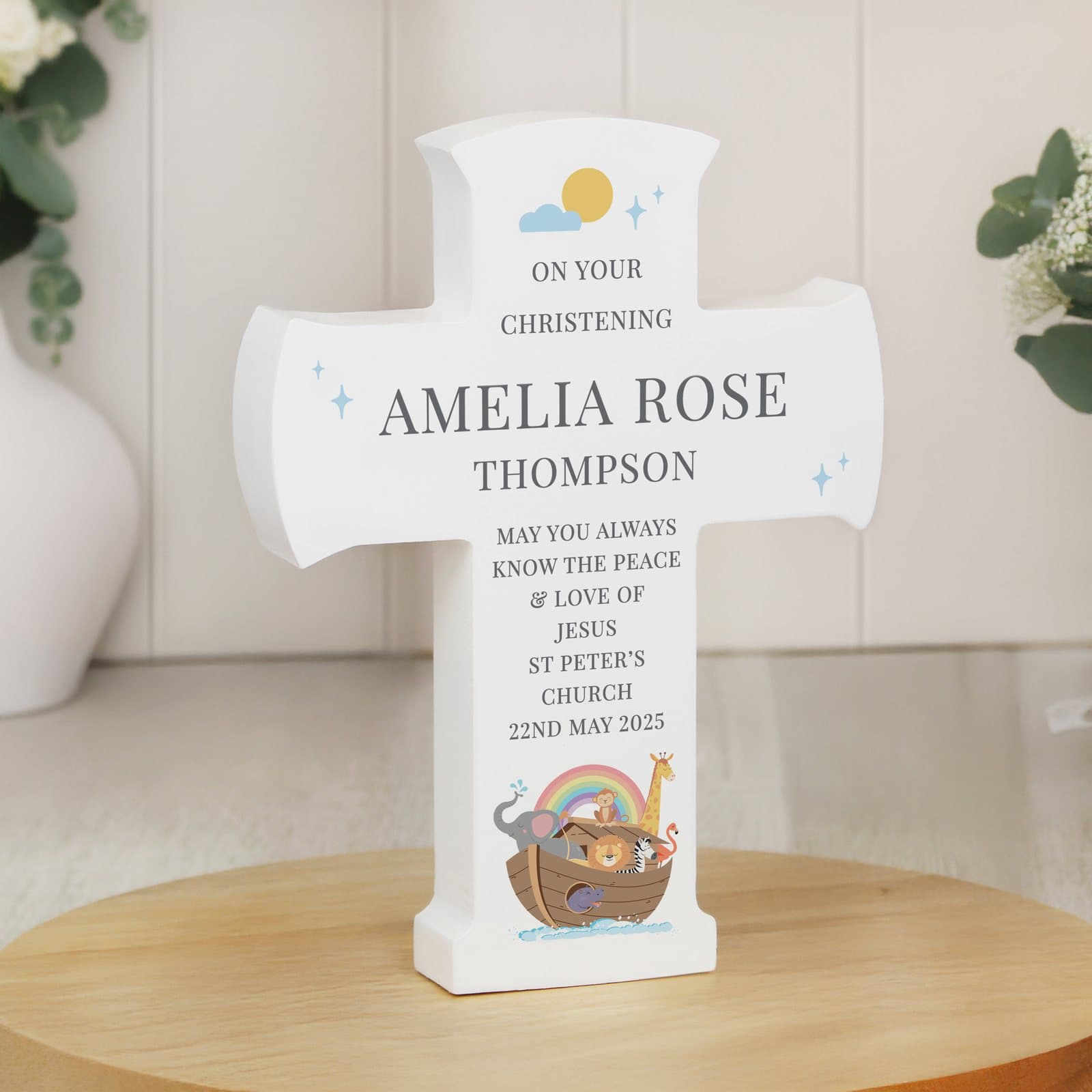 Wooden Noah's Ark cross ornament with a colourful design