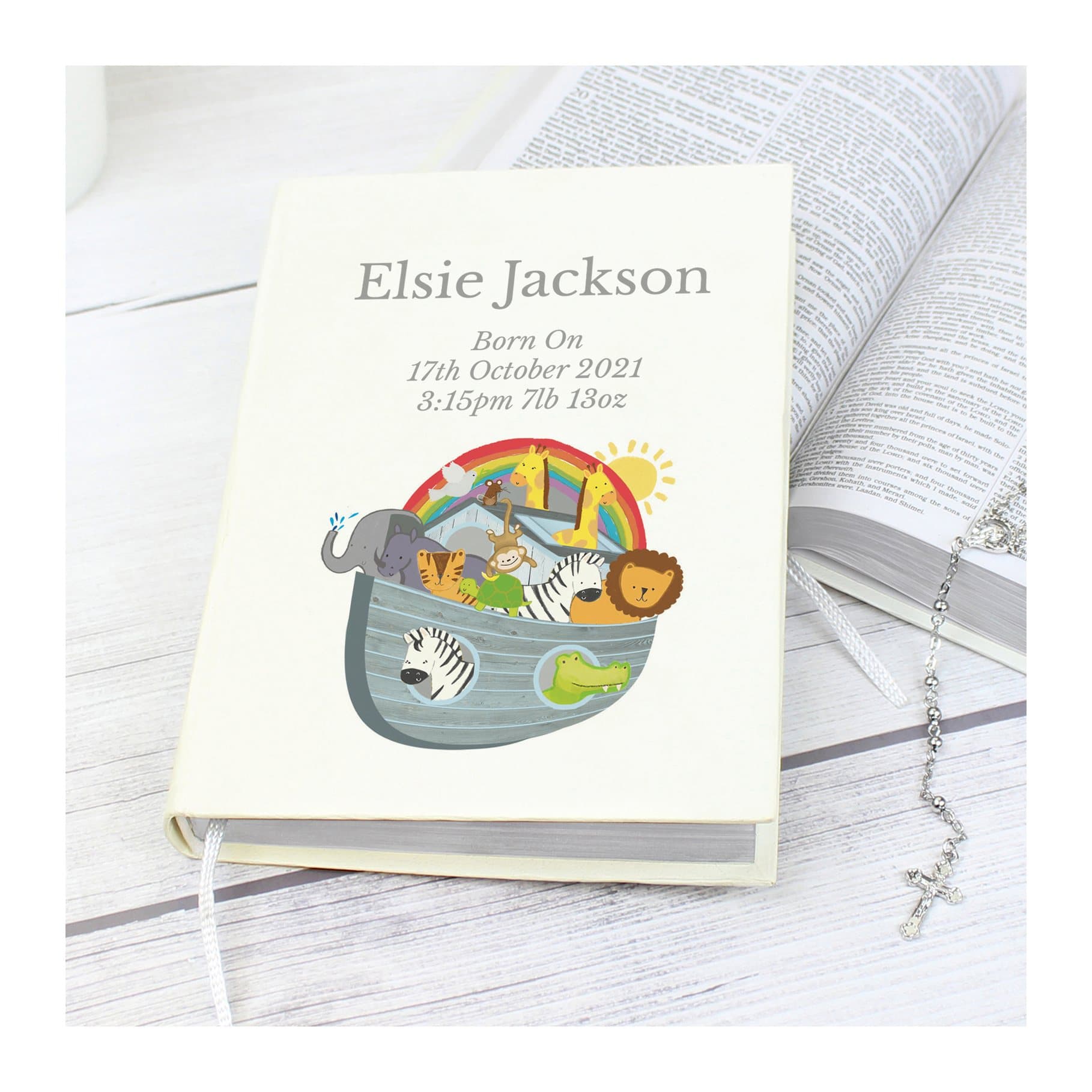 Colourful personalised Noah's Ark Holy Bible with a leatherette cover