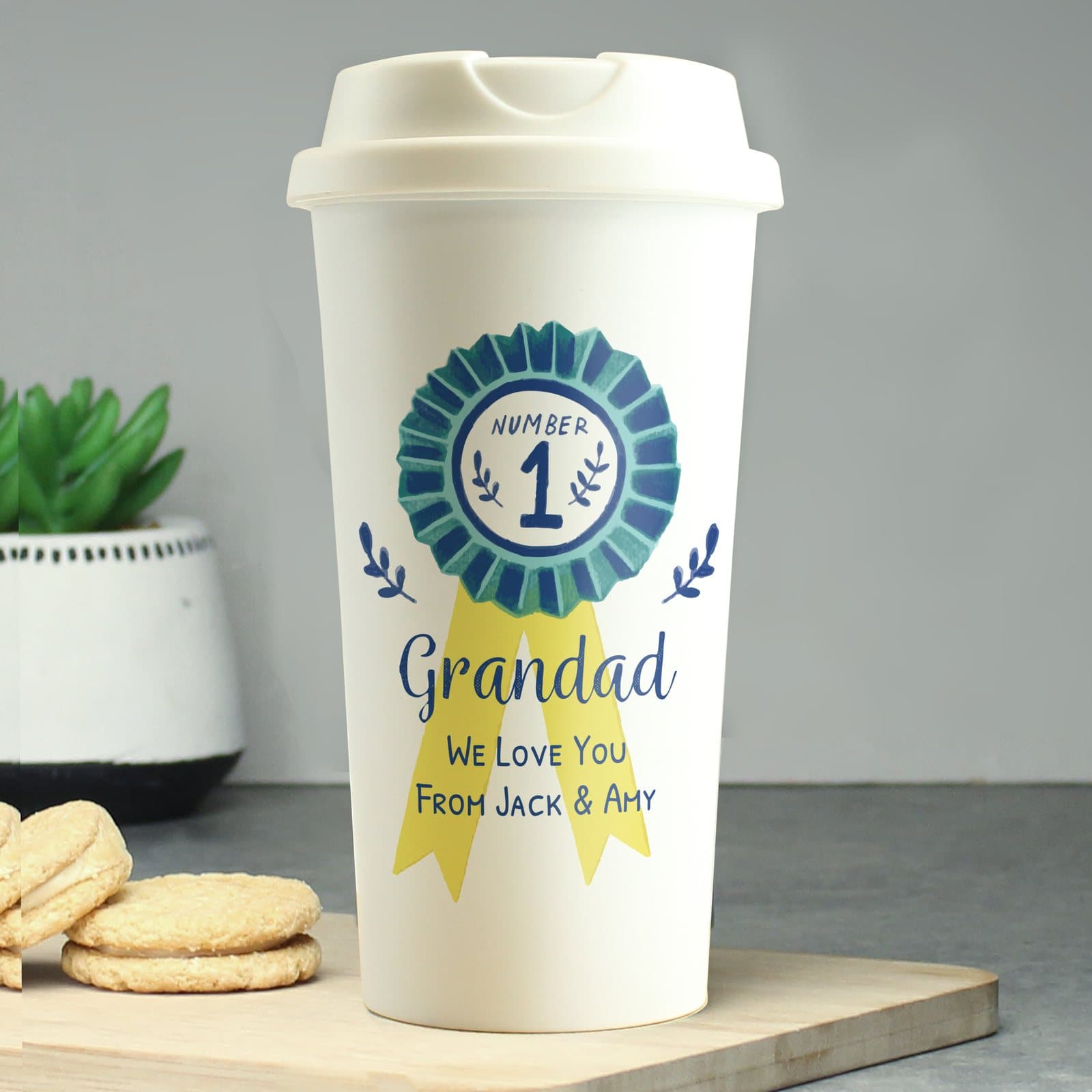 Plastic number 1 travel mug with screw-on lid and personalised message