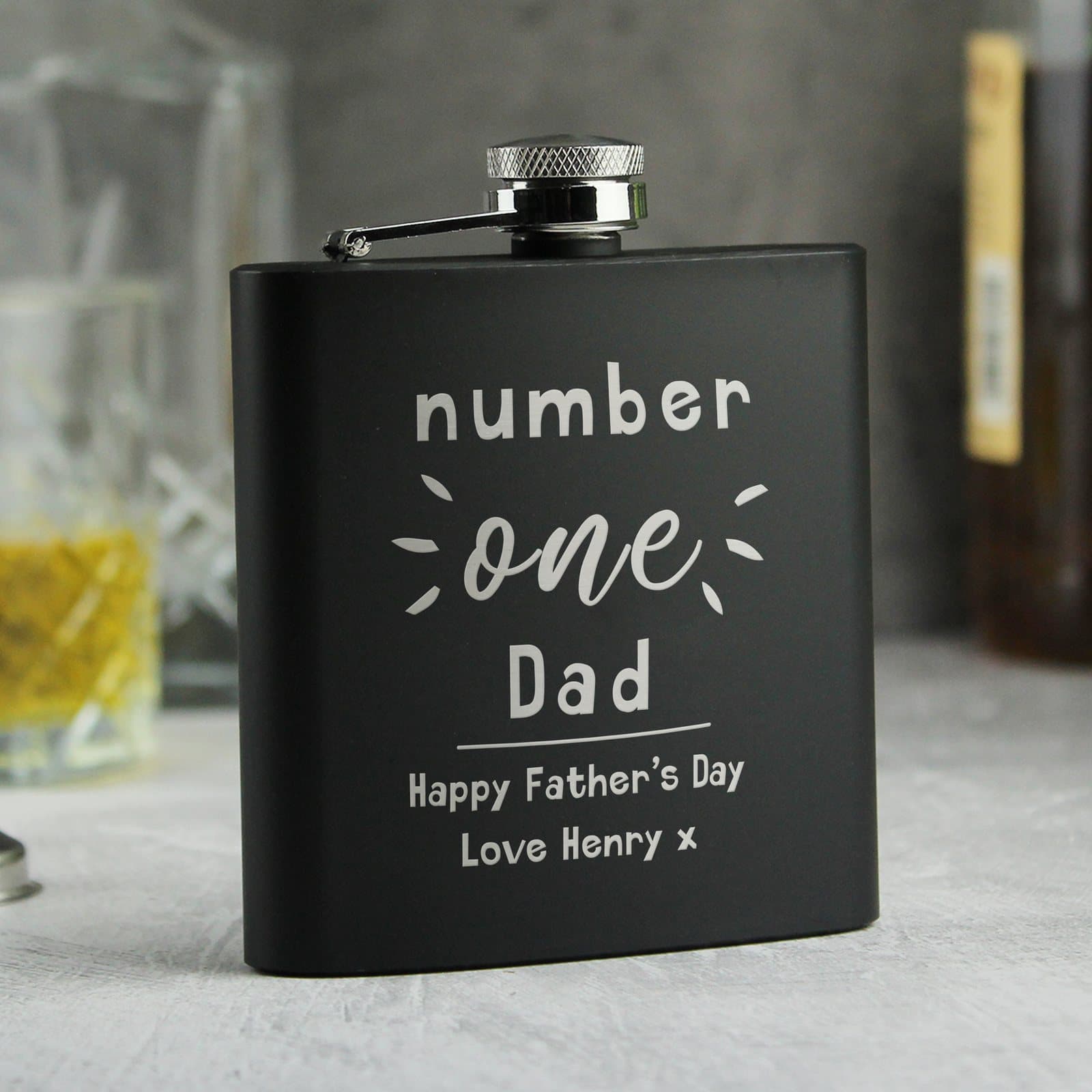 Black stainless steel hip flask personalised with No.1 text