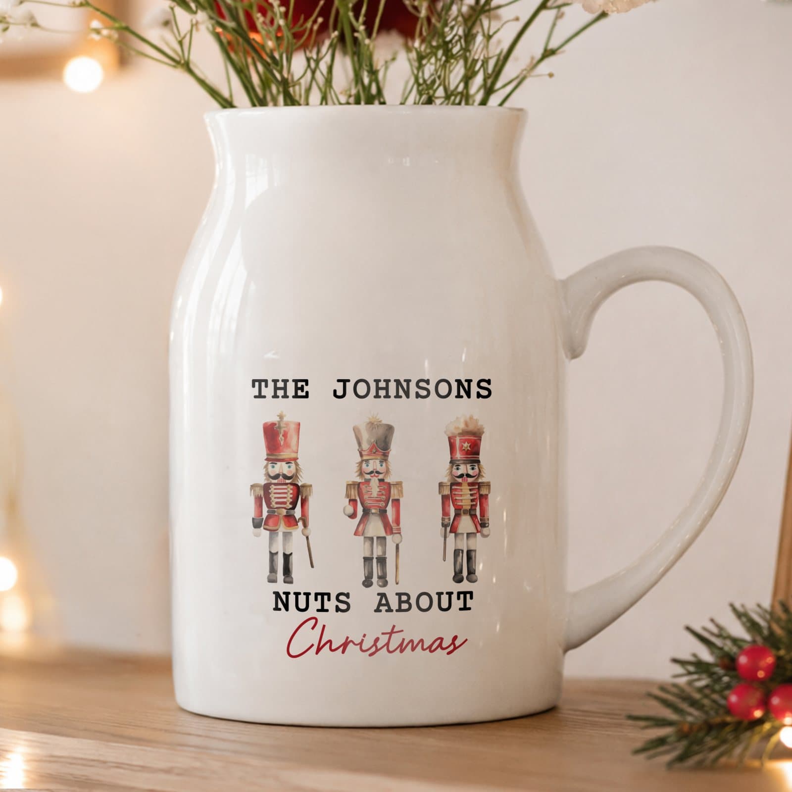 Ceramic jug vase with a nutcracker design and three lines of personalised text