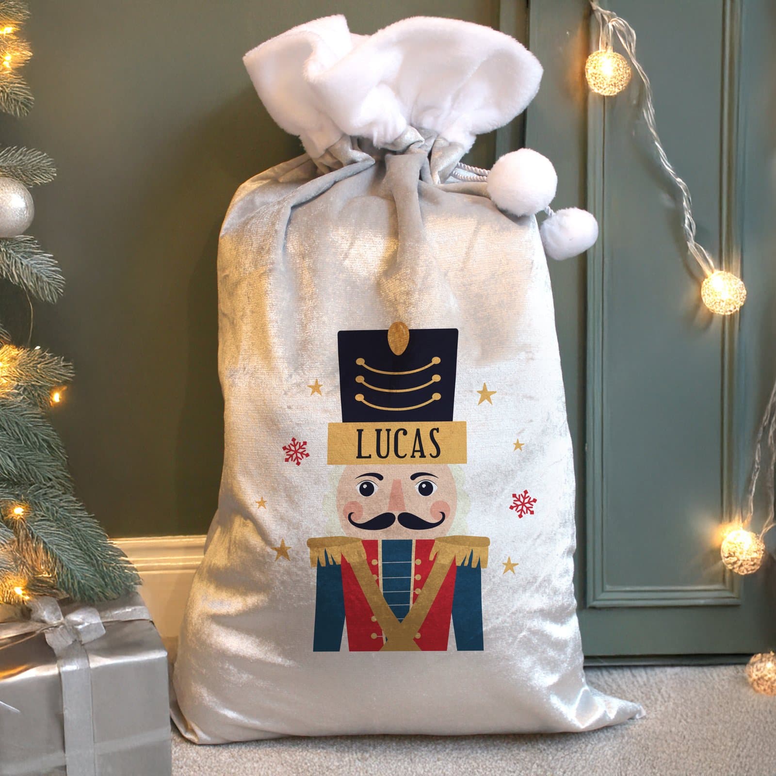 Personalised nutcracker Christmas sack in fleece with a name
