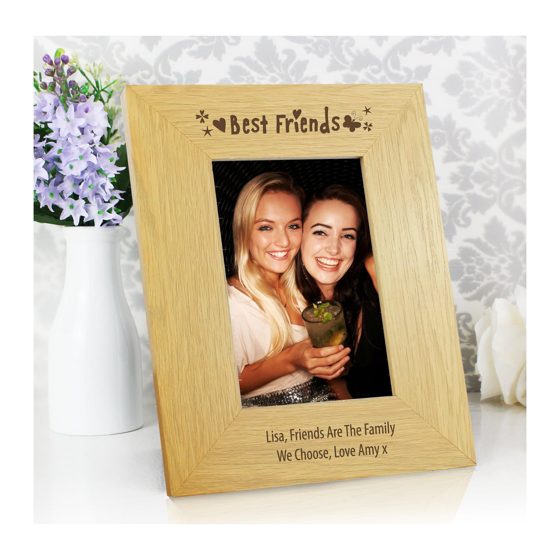 Oak finish Best Friends photo frame with a message below the photo