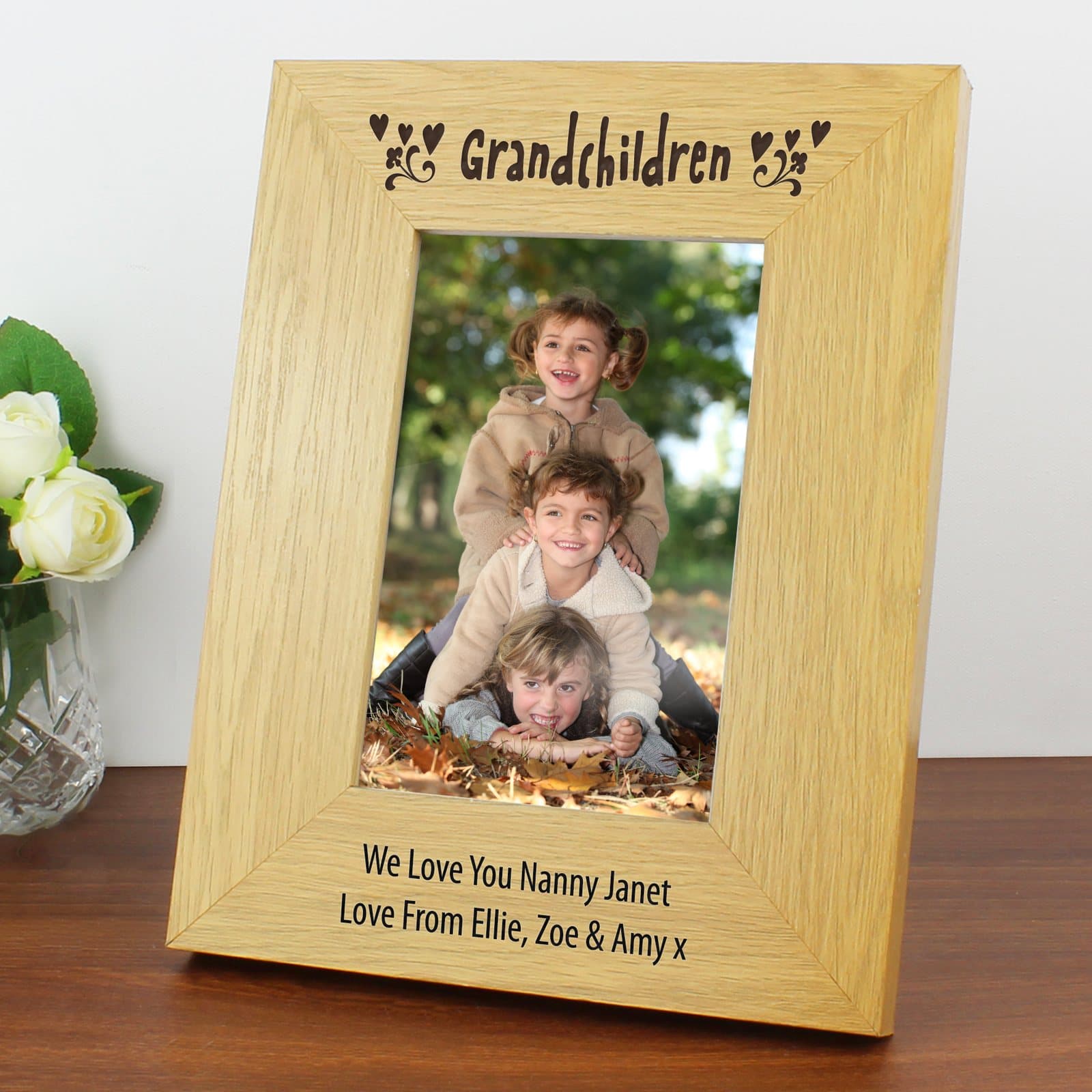 Oak finish Grandchildren photo frame with a message below the photo