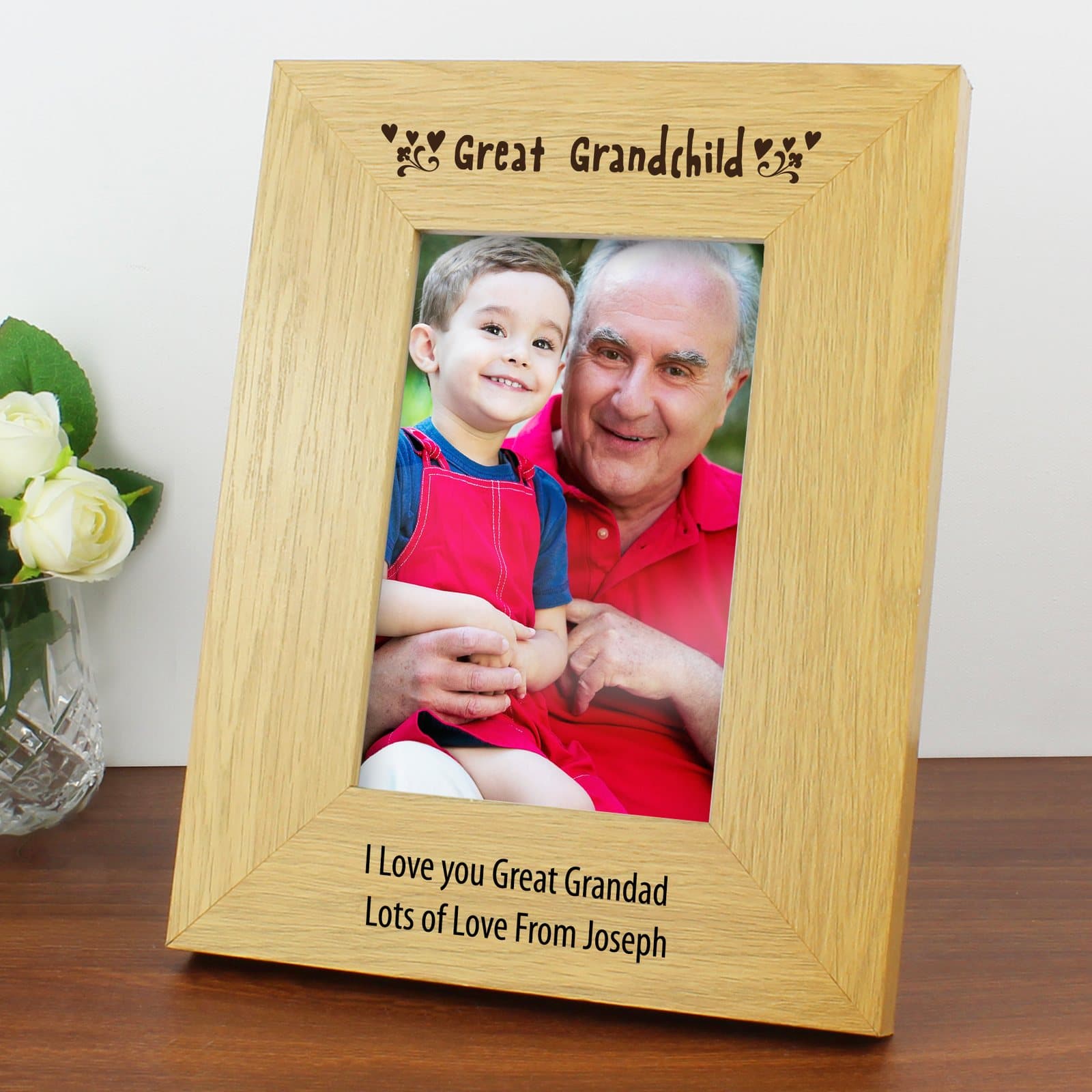 Oak finish Great Grandchild photo frame with a two-line message