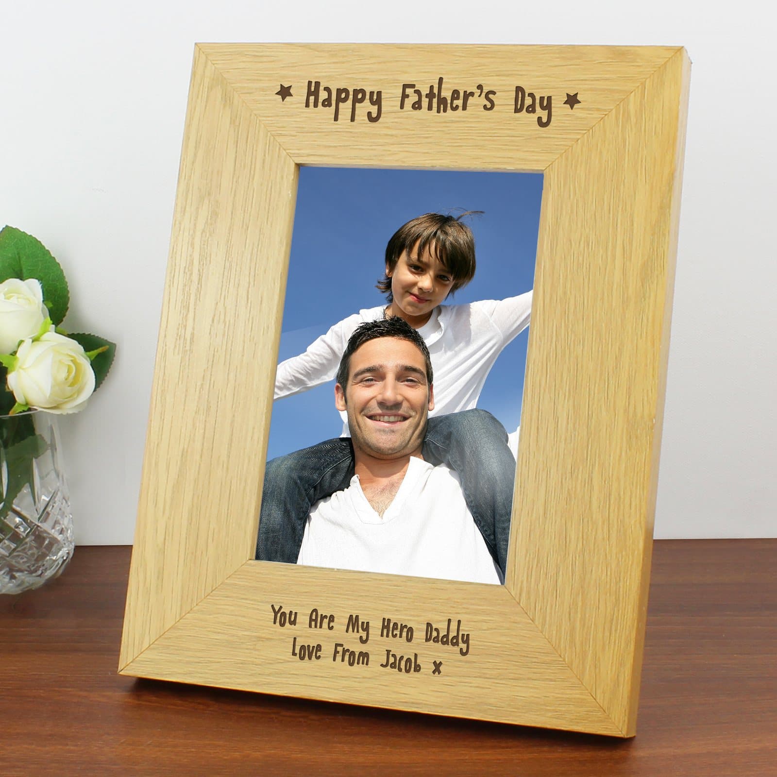 Oak finish Father's Day photo frame with a personalised message below the photo