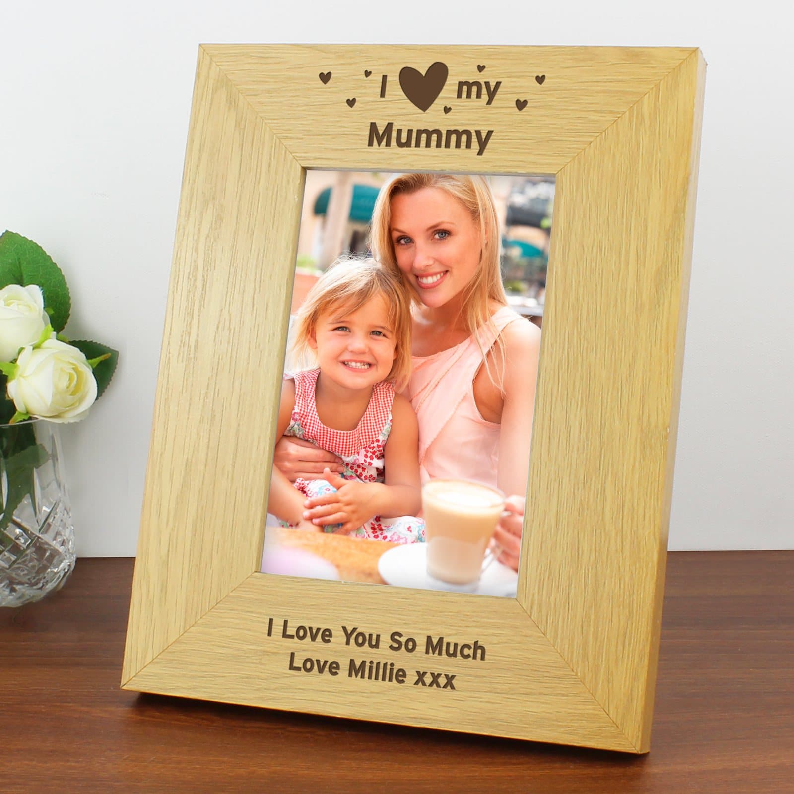 Oak finish I Heart My photo frame with a name at the top and message below