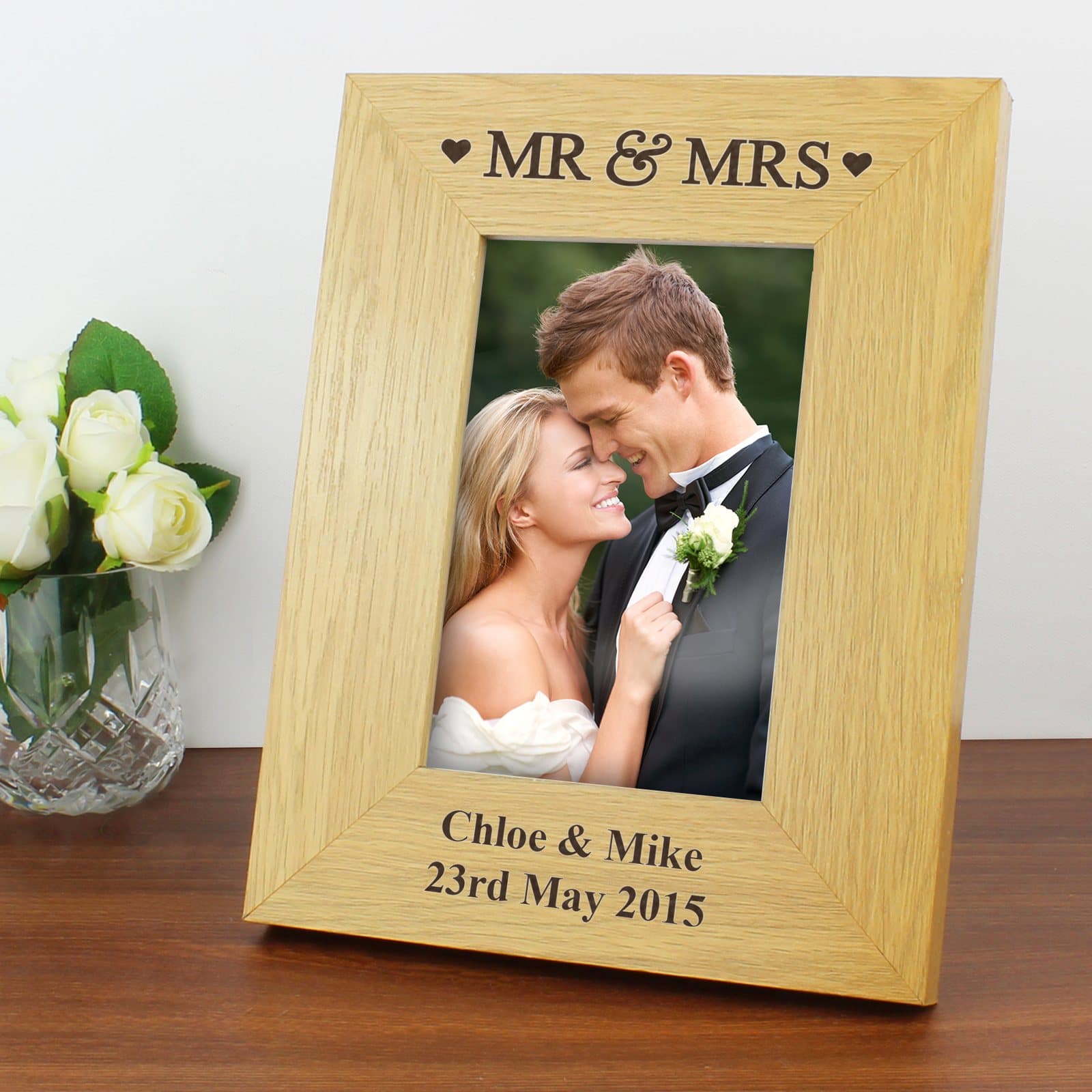 Oak veneer Mr & Mrs photo frame with space for a 4x6 inch photo