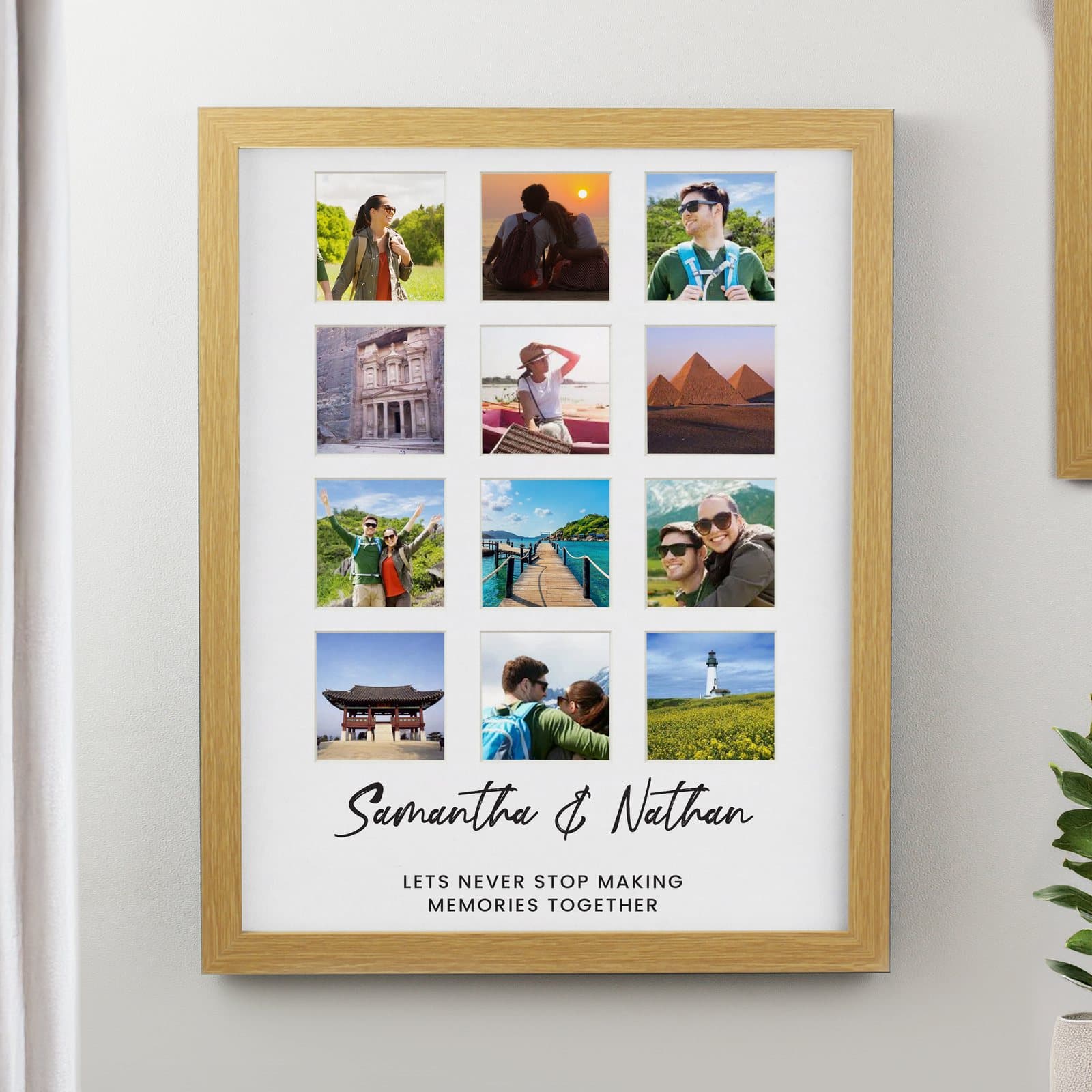 Large oak multi photo frame with twelve square photos and three lines of text