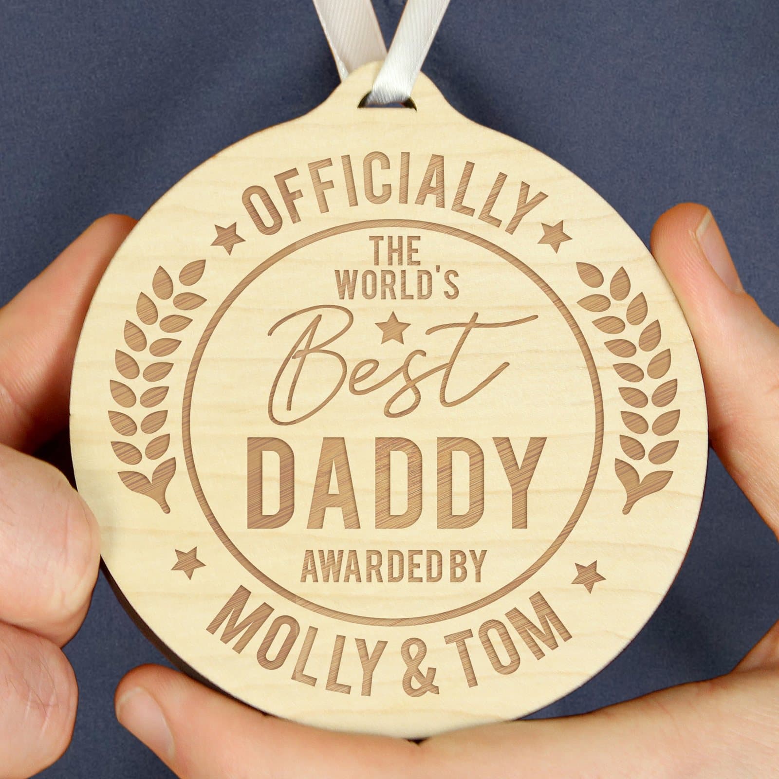 Round wooden medal with ribbon and a personalised role and name