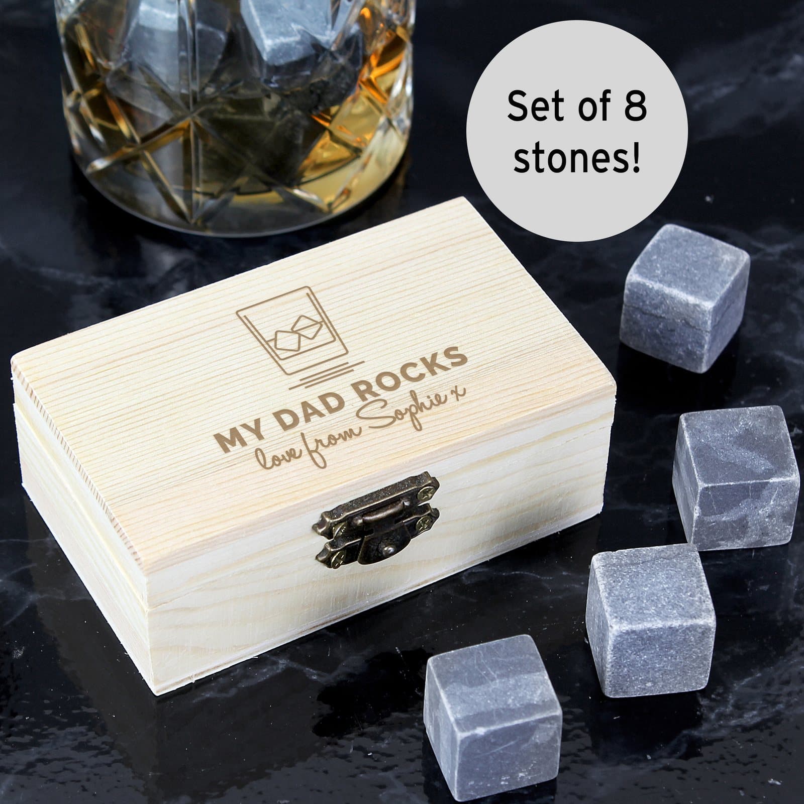Cooling stones set in a wooden clasp locked box with a personalised message