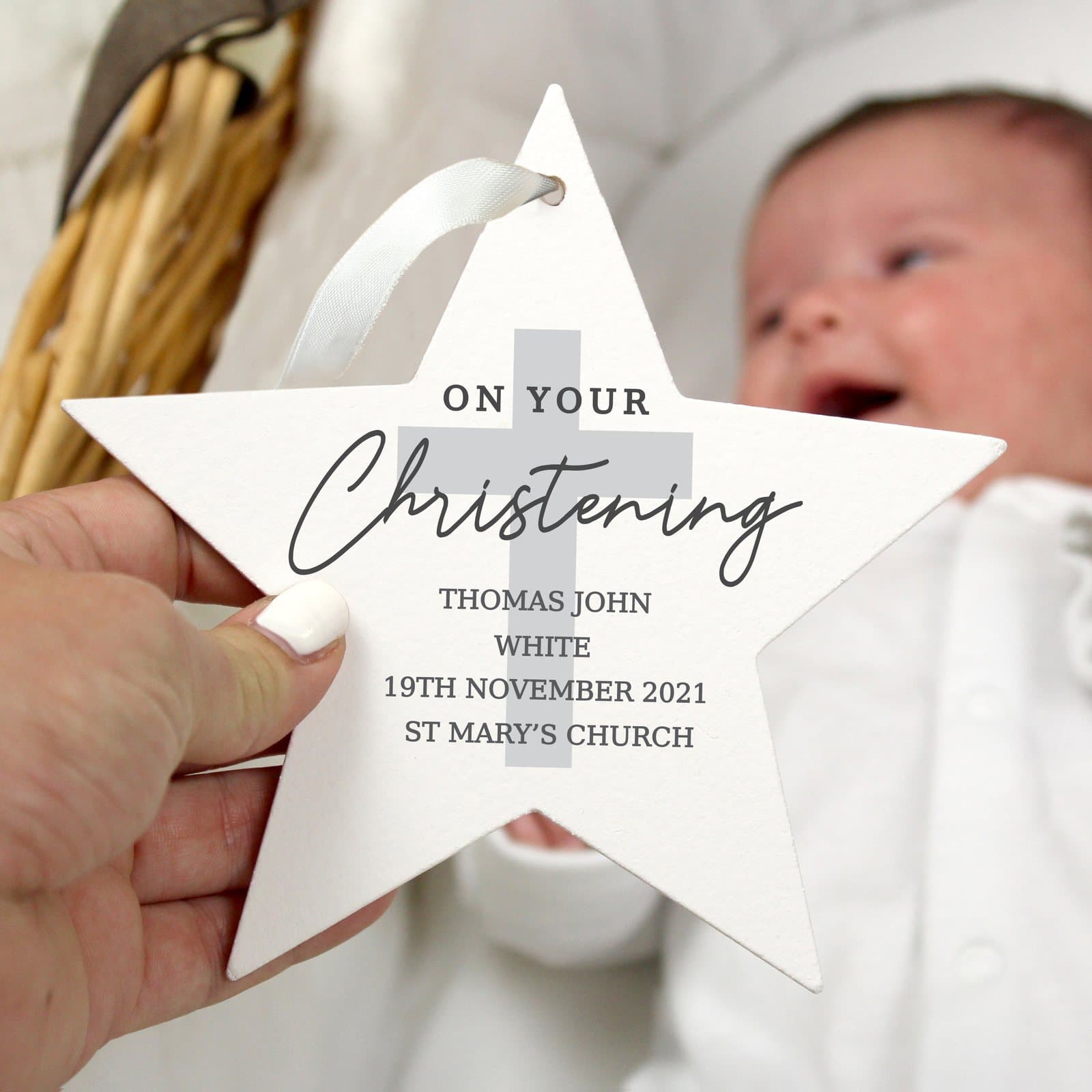 Wooden star decoration reading On Your Christening with personalised lines