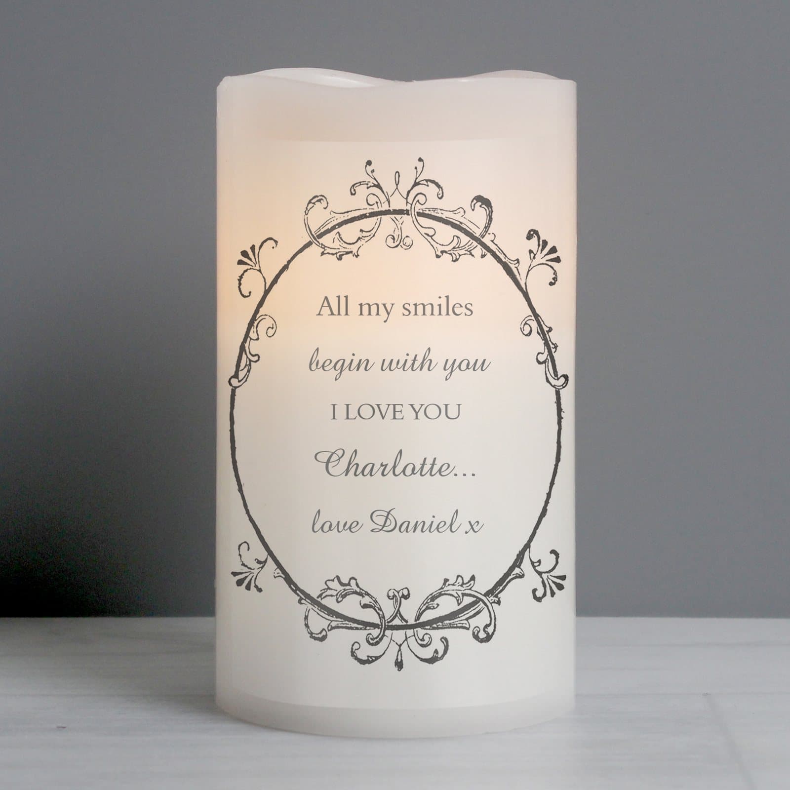 Ornate frame LED candle with flame effect and organza bag