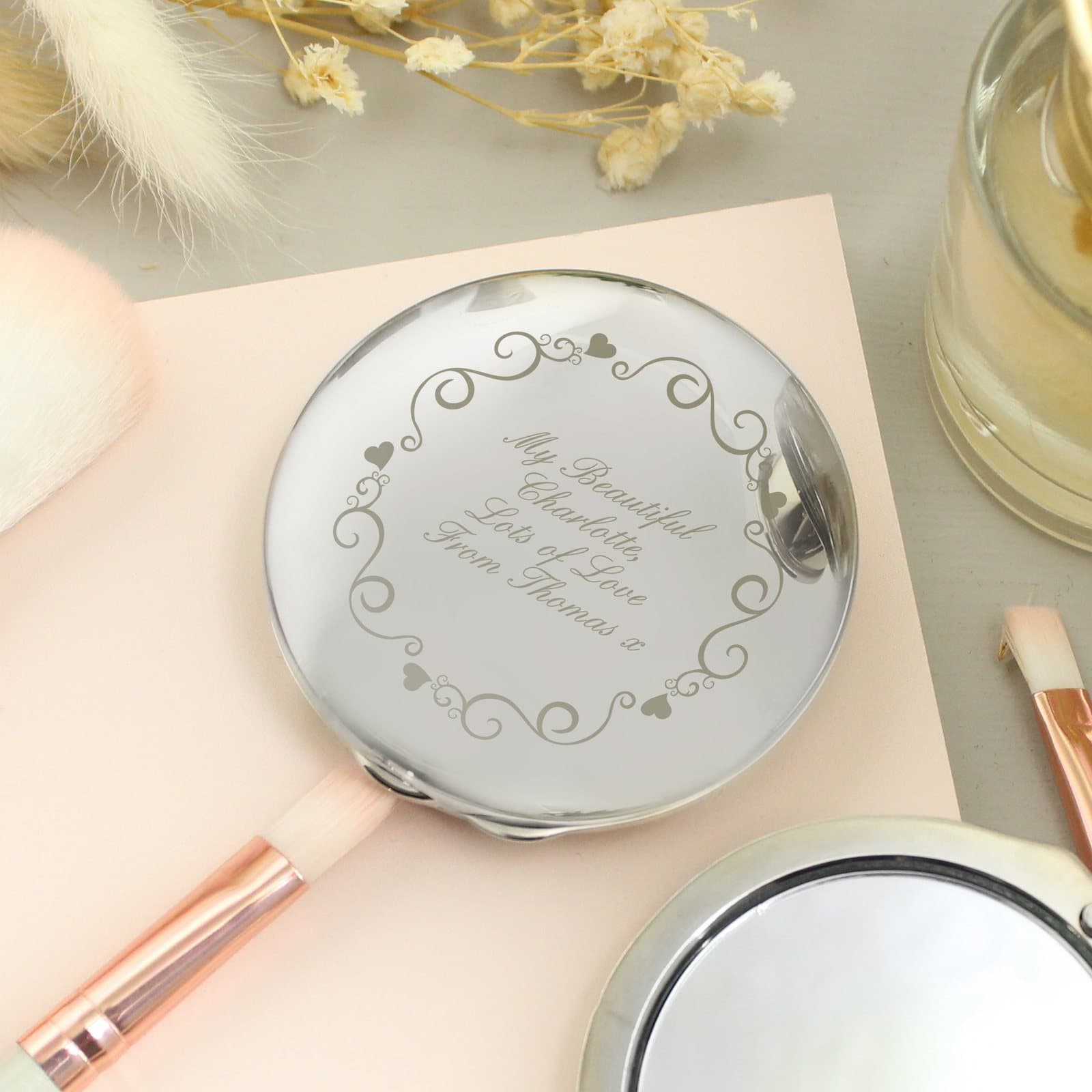 Personalised ornate heart compact mirror with a black pouch