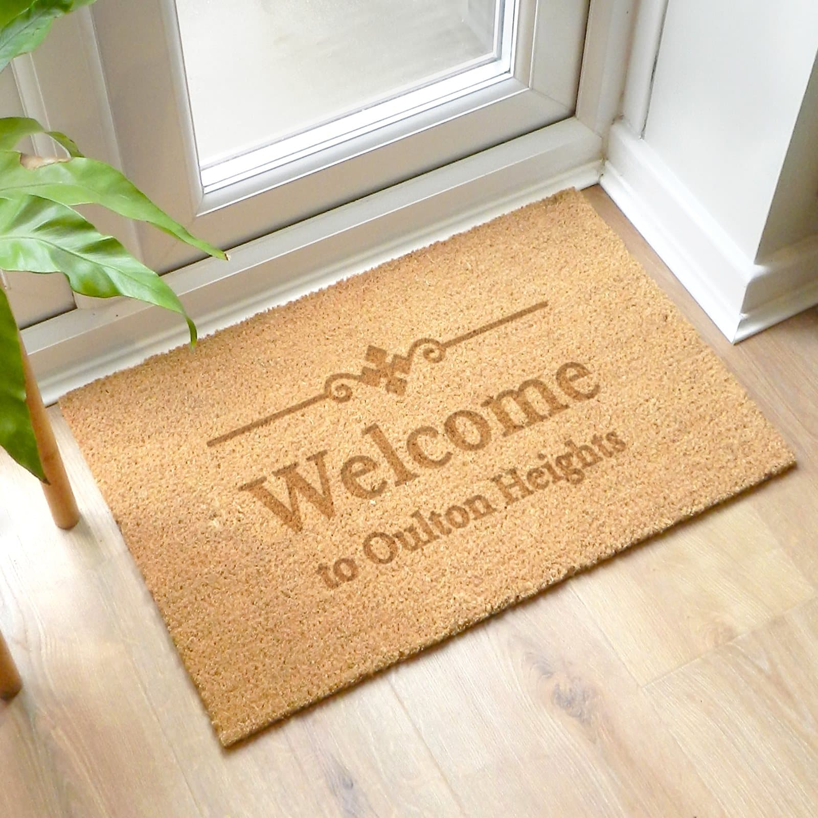 Personalised ornate rectangle coir indoor doormat with two lines of text
