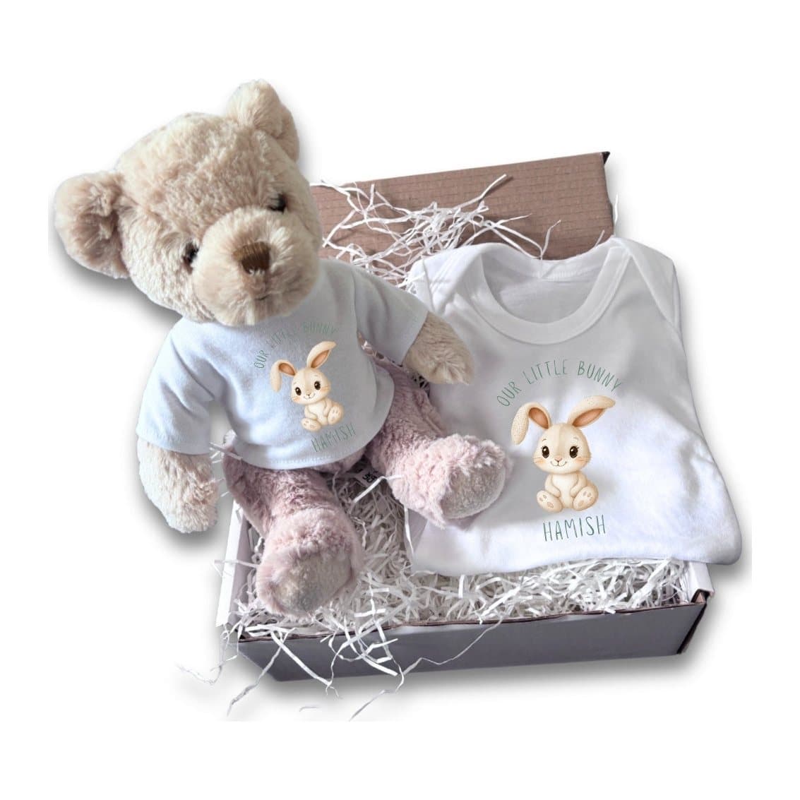 Personalised Our Little Bunny baby gift box with a teddy bear and vest