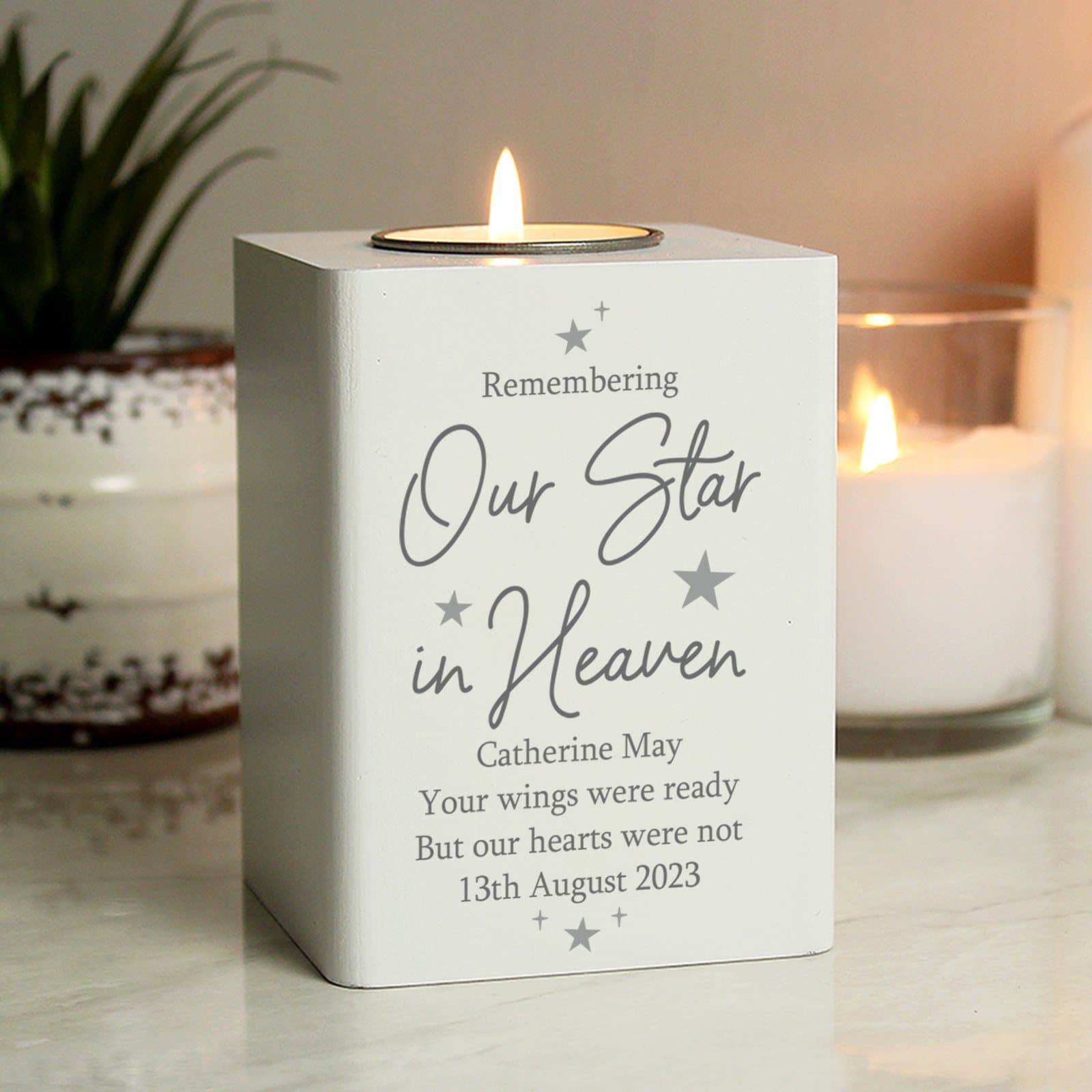 White wooden tea light holder with metal case and Remembering our star in heaven text
