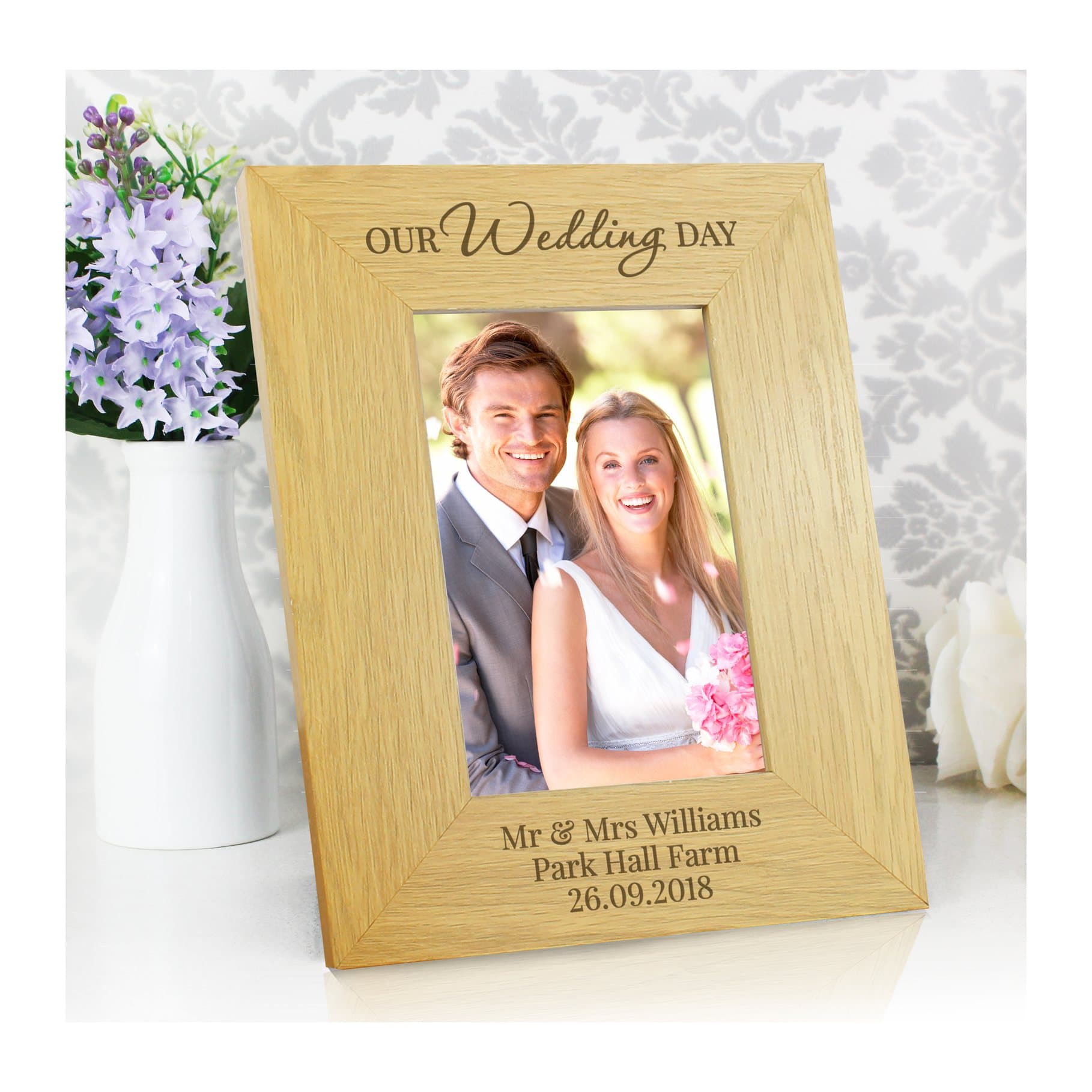 Oak veneer Our Wedding Day photo frame with room for a 4x6 inch portrait