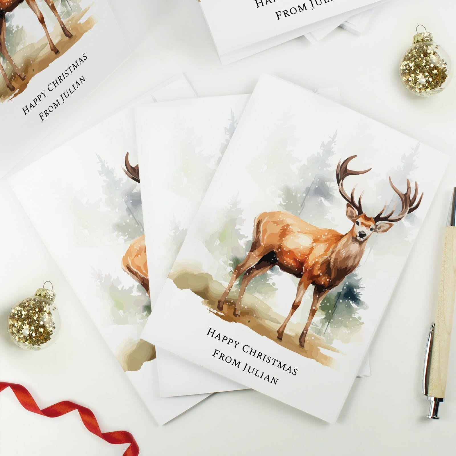 Personalised Christmas card with a classic, rustic stag design