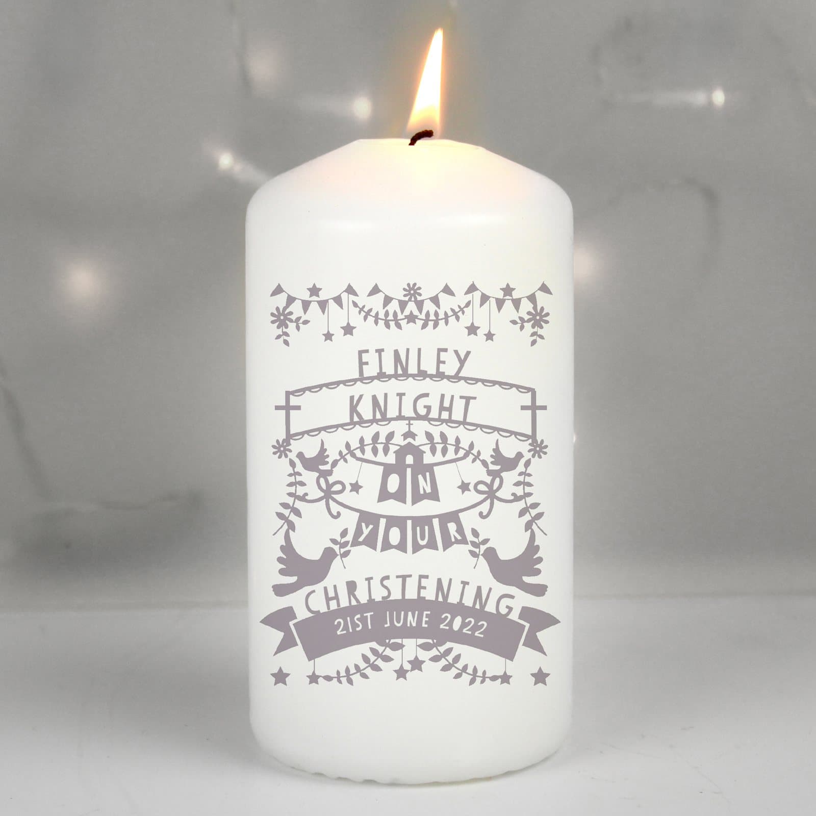 Personalised papercut style pillar candle in grey or pink