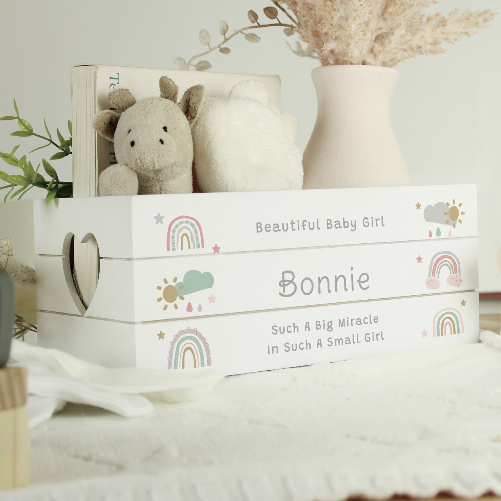 Personalised pastel rainbow white wooden crate with heart shaped handles