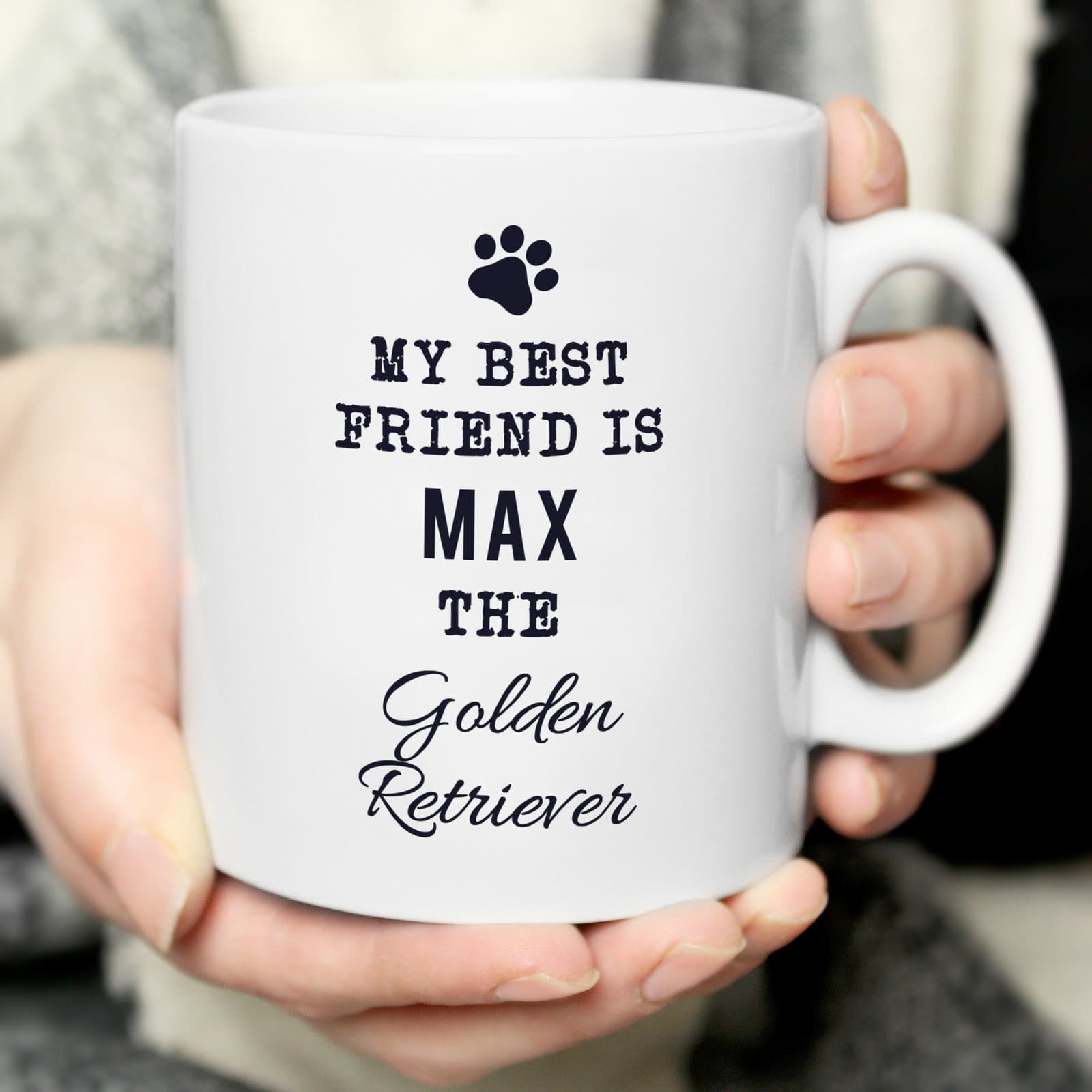 Paw print dog breed mug personalised with a name and a dog breed