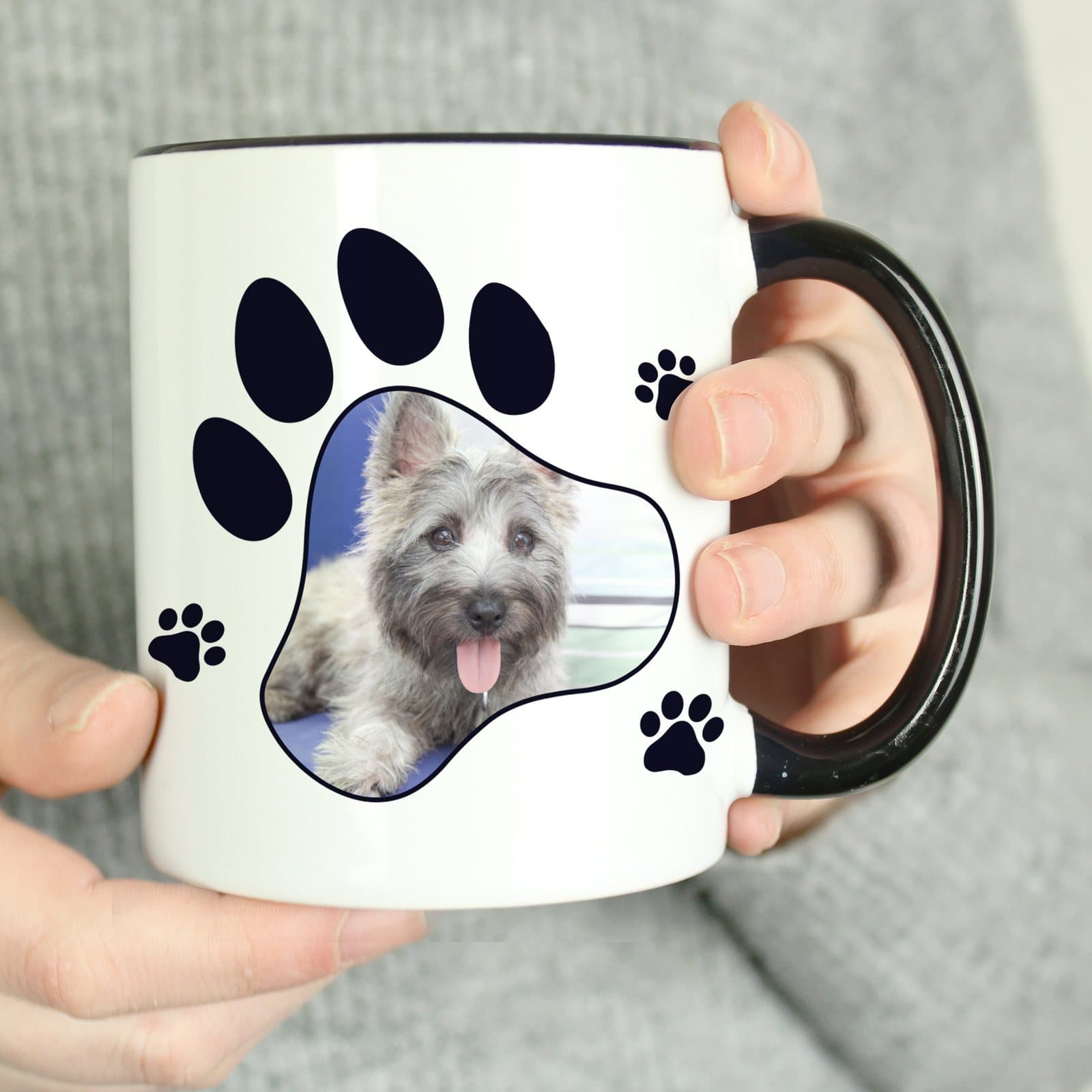 Ceramic mug with a black handle personalised with a pet photo