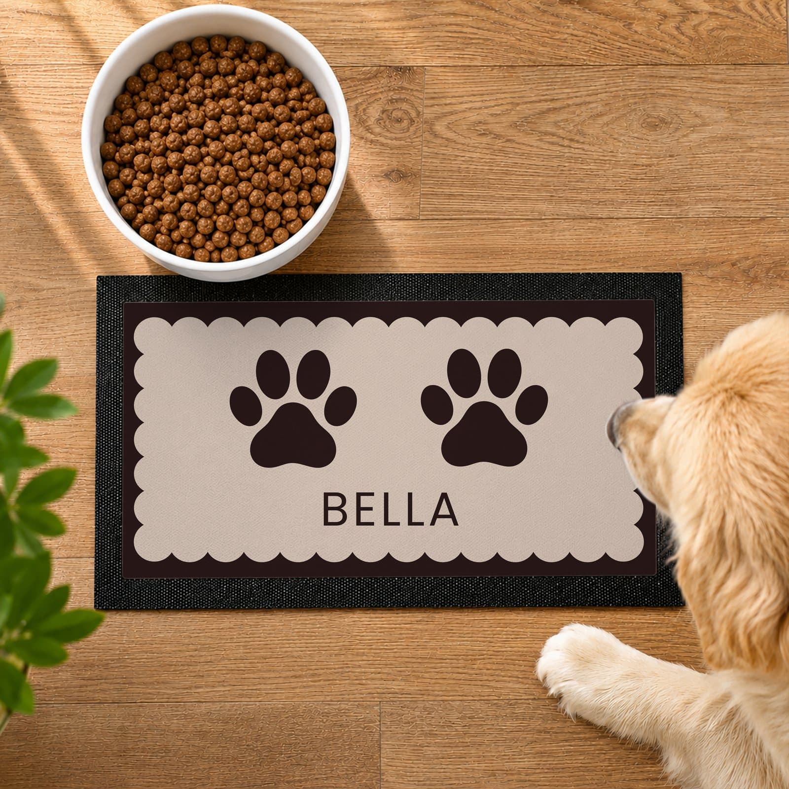 Paw print pet bowl mat with a personalised line of text