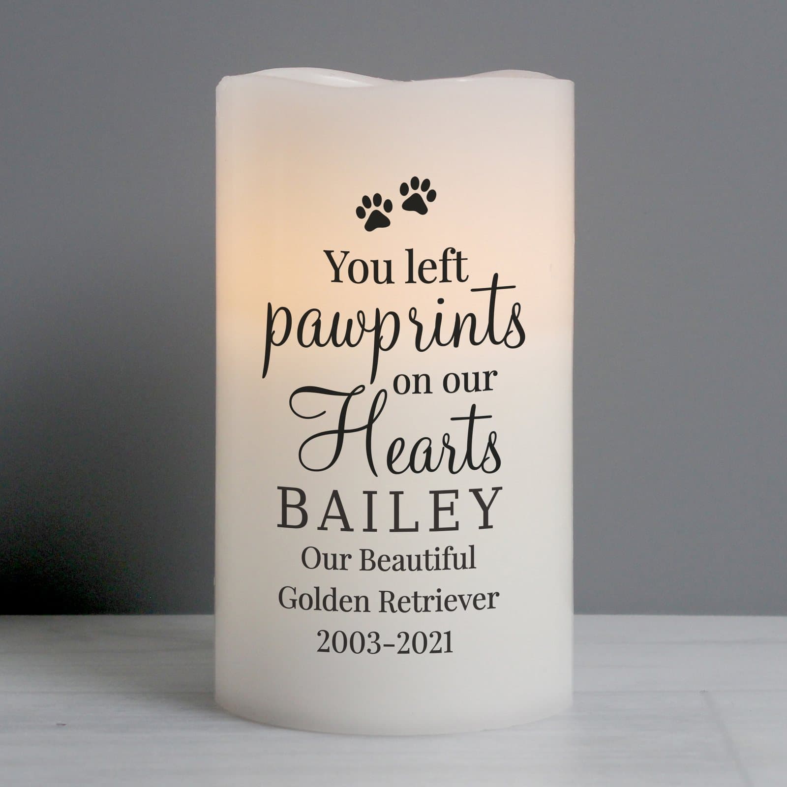Personalised pawprints on our hearts LED candle in an organza bag