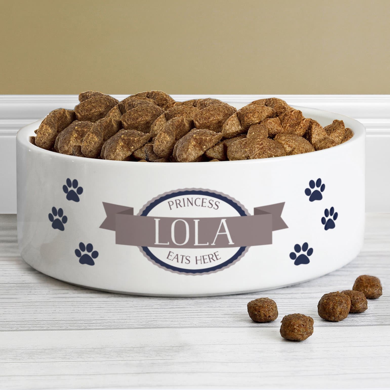 Medium white ceramic pet bowl with paws and personalised text