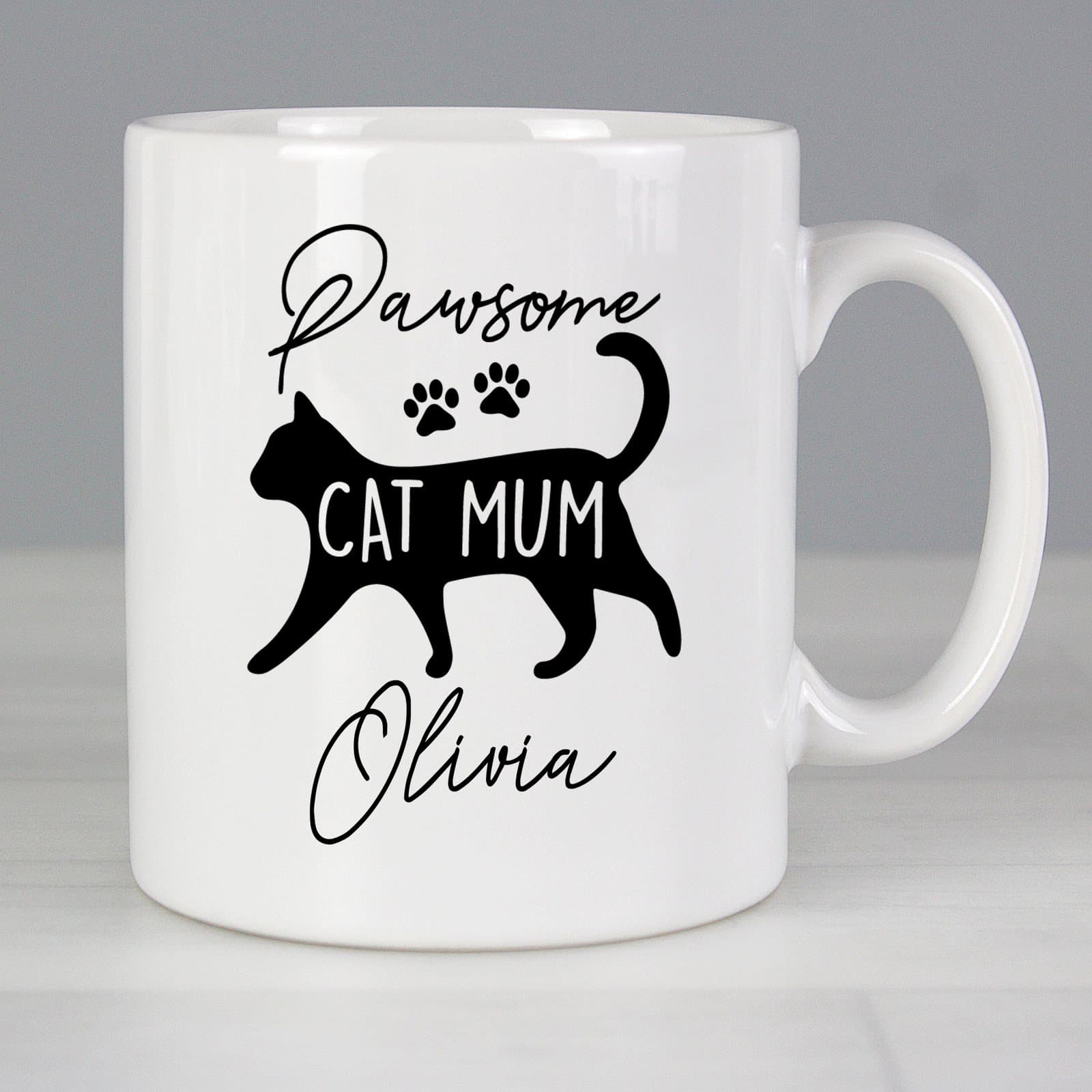 Pawsome cat mum mug personalised with a name on the front